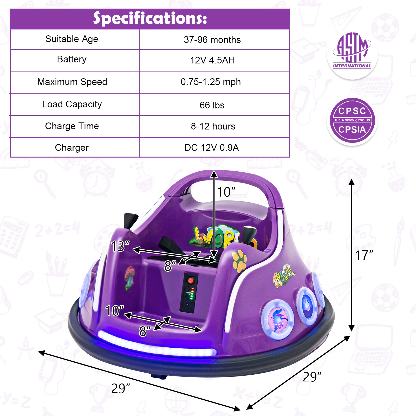 SUGIFT 12V Electric Ride On Car with Remote Control and Flashing LED Lights 66-lb Capacity Ages 37-96 Months Purple