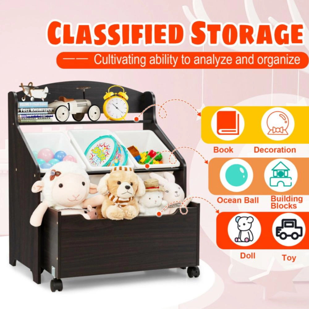 Hivvago Kids Wooden Toy Storage Unit Organizer with Rolling Toy Box and Plastic Bins