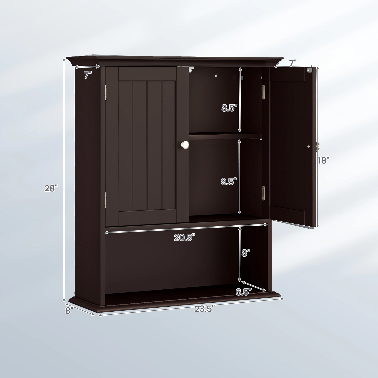 SUGIFT 2-Door Wall Mounted Open Shelf Bathroom Organizer Cabinet 23.5-in x 7.5-in x 28-in 11-lb per Level Brown