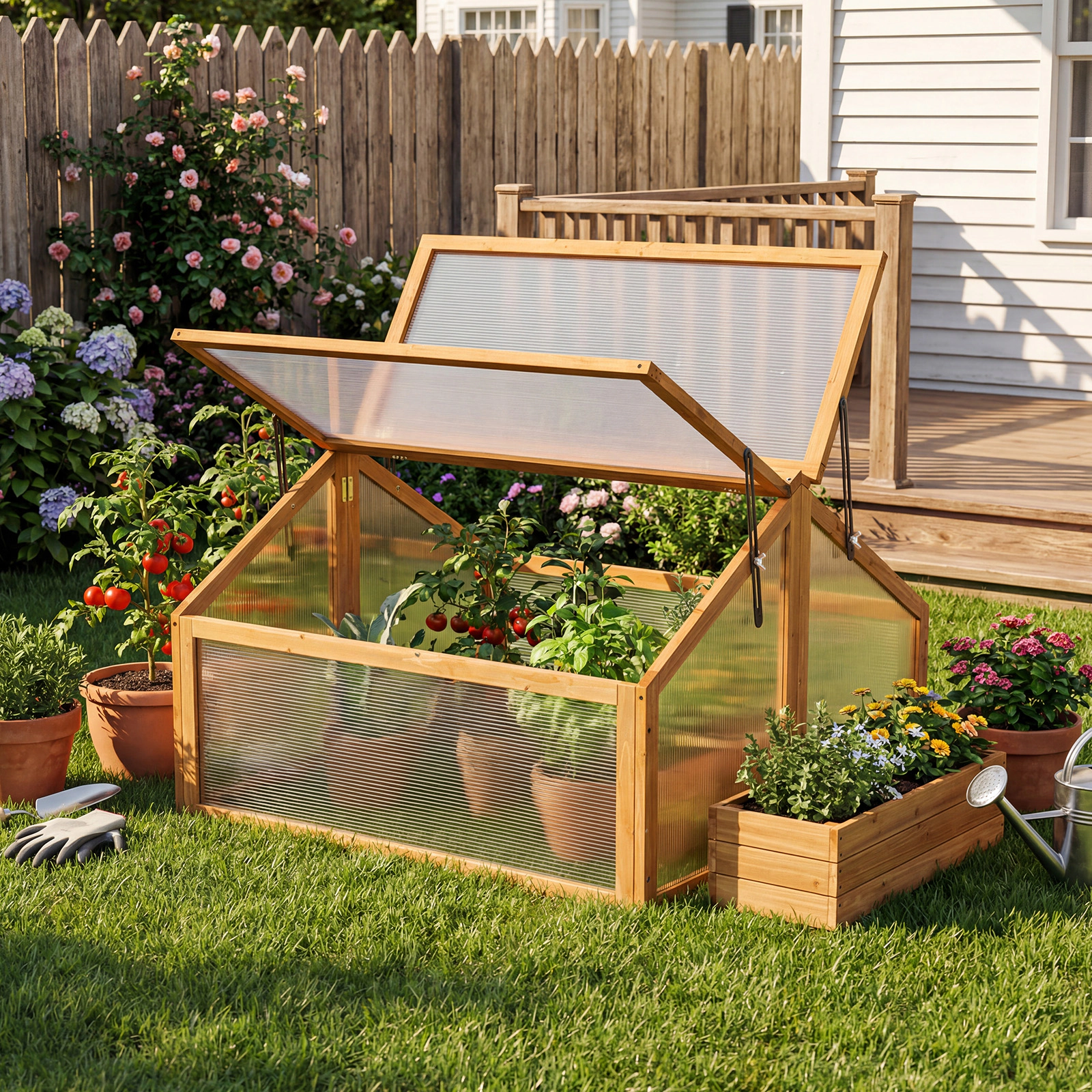 LJG Wood Cold Frame Greenhouse Raised Flower Planter Protection with Transparent Openable Roof
