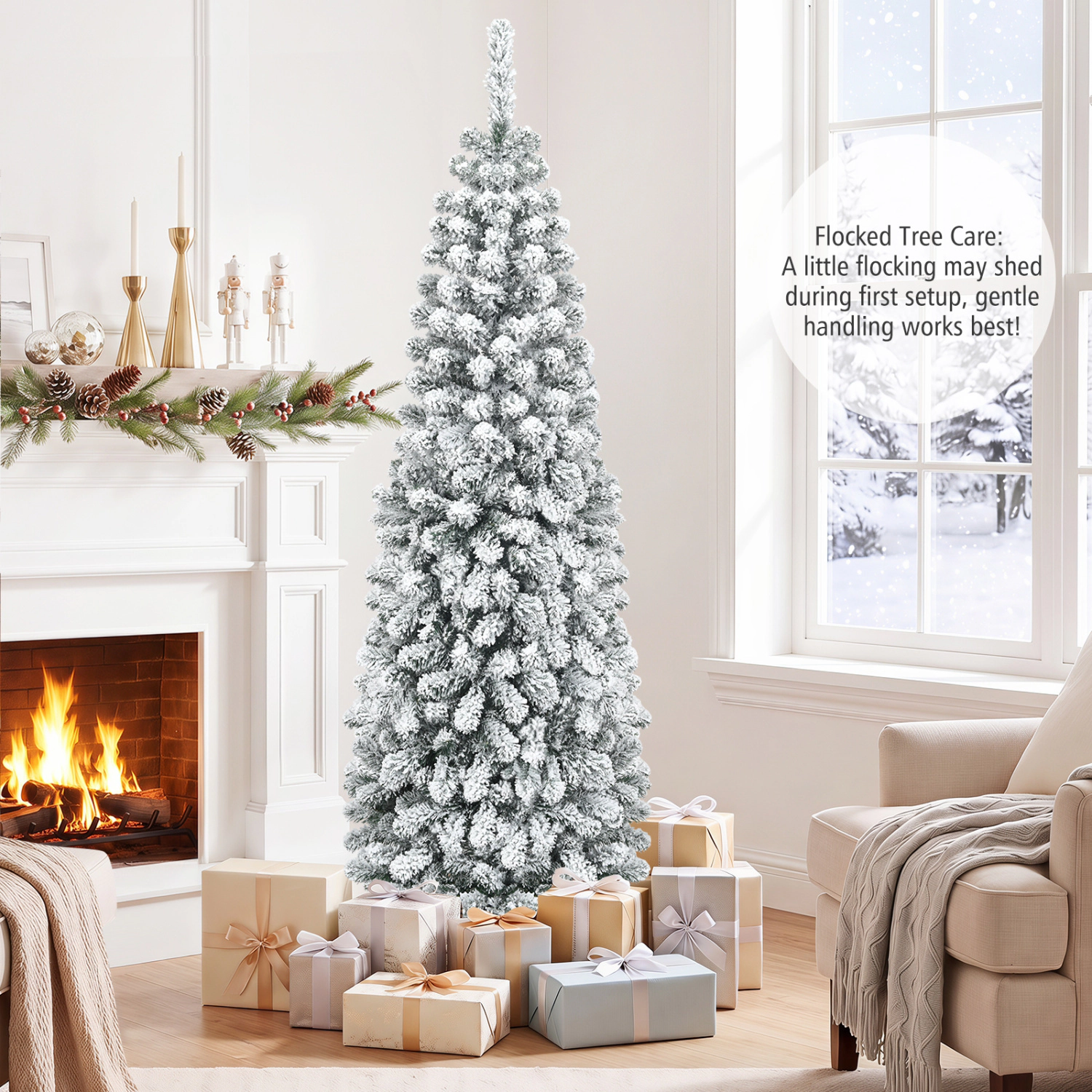 LJG 6 Feet Unlit Hinged Snow Flocked Artificial Pencil Christmas Tree with 500 Branch Tip
