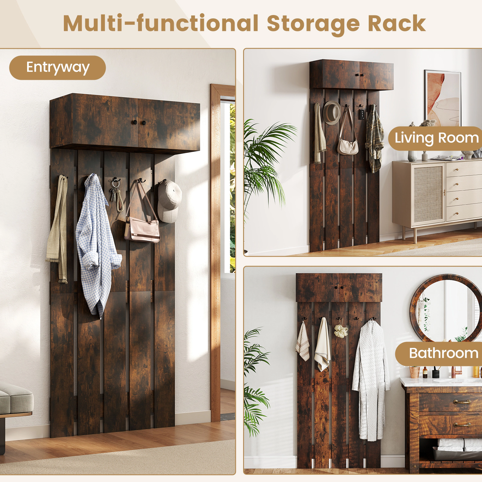 SUGIFT Entryway Wall Mounted Coat Rack with Upper Cabinet and 5 Metal Hooks