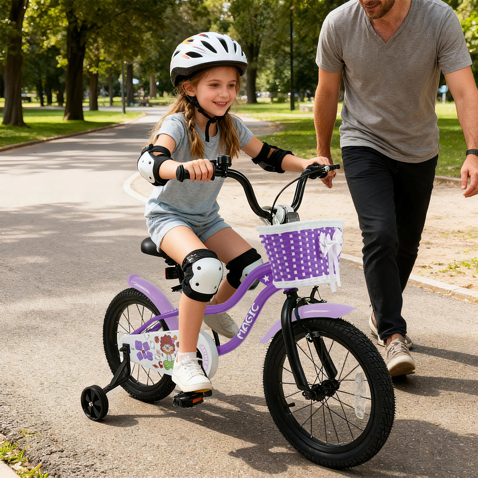 16-in Kids Bike Removable Training Wheels and Front Basket Ages 4-7 with Adjustable Saddle and Pneumatic Tires Purple