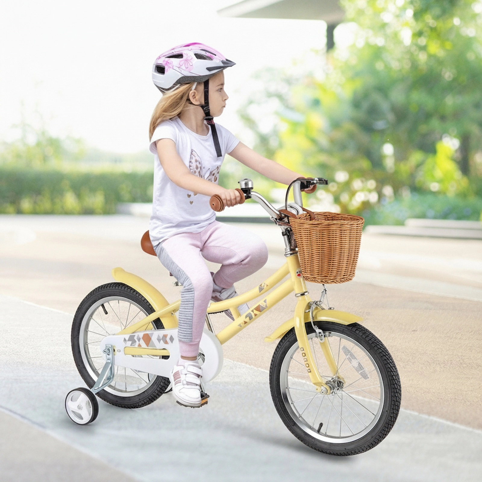 16-in Kids Bike Training Wheels Adjustable Seat Handbrake Coaster Brake Bicycle Basket Bell Reflectors Ages 4-7 Yellow