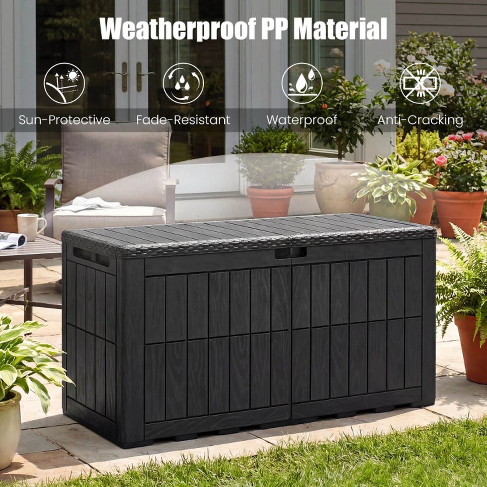 SUGIFT 100-Gallon Lockable Waterproof PP Outdoor Deck Storage Box 47.5-in x 21-in x 24-in 310-lb Seat Capacity Black