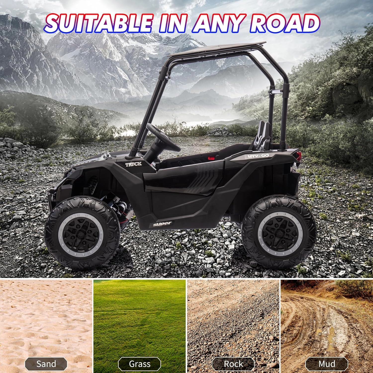 Enjyam 24V 4WD 2-Seater Kids Ride-On UTV w/Sun Shade, Remote Control, LED Lights, Music, Shock Absorbers, 4×75W  Motors