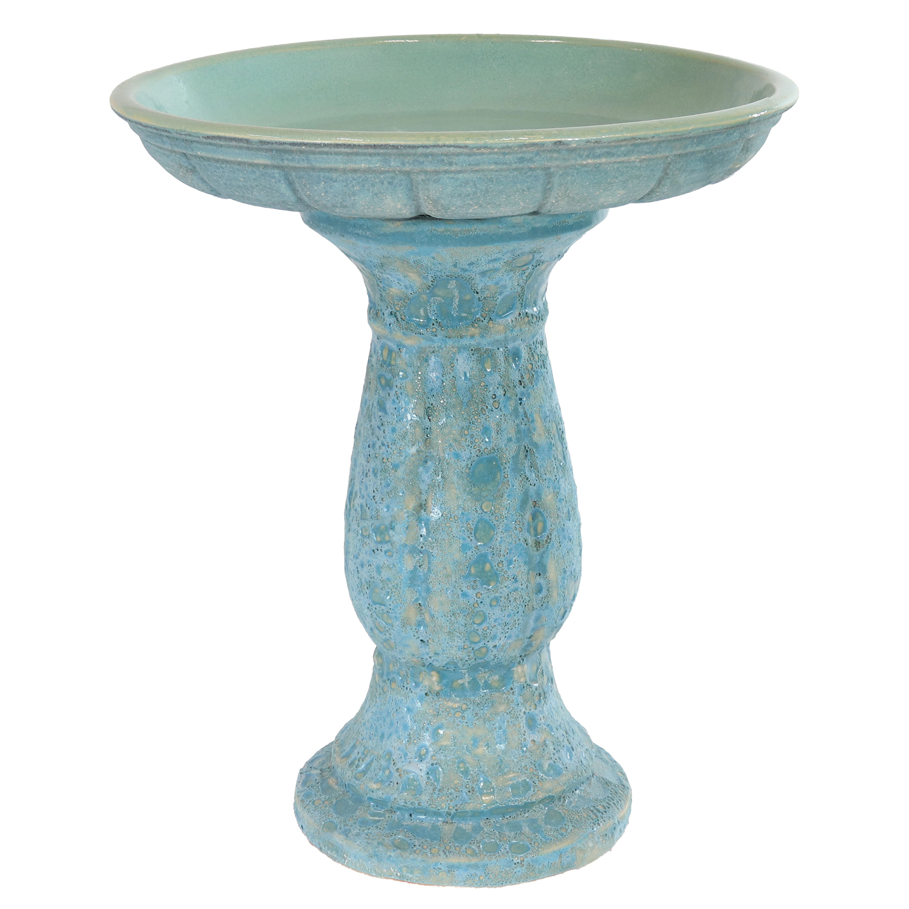 Sunnydaze Ceramic Bird Bath for Outdoors, 18” H, Blue Lava Distressed