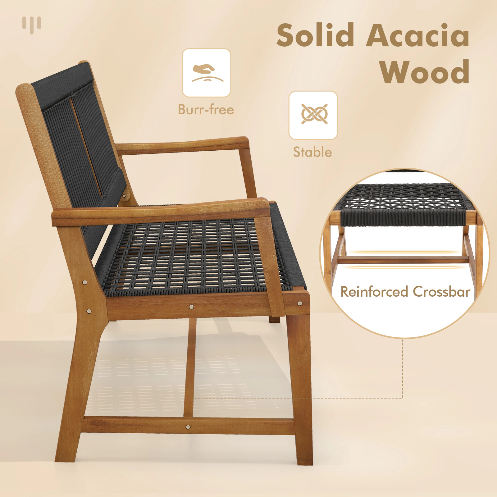 SUGIFT Set of 2 Hand-Woven Rope Patio Acacia Wood Dining Armchairs 360-lb Capacity Black and Natural