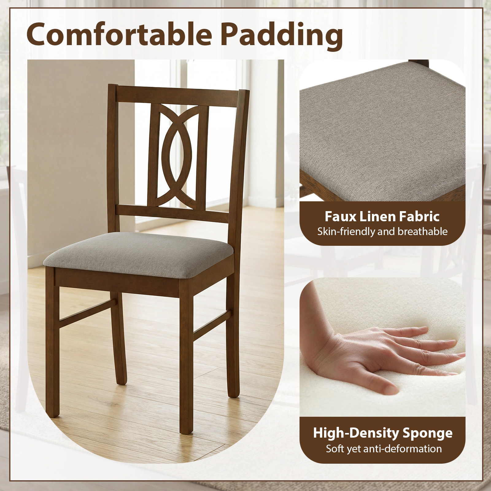 LJG Dining Chairs Set of 2 Rubber Wood Dining Room Chairs with Hollowed Backrest