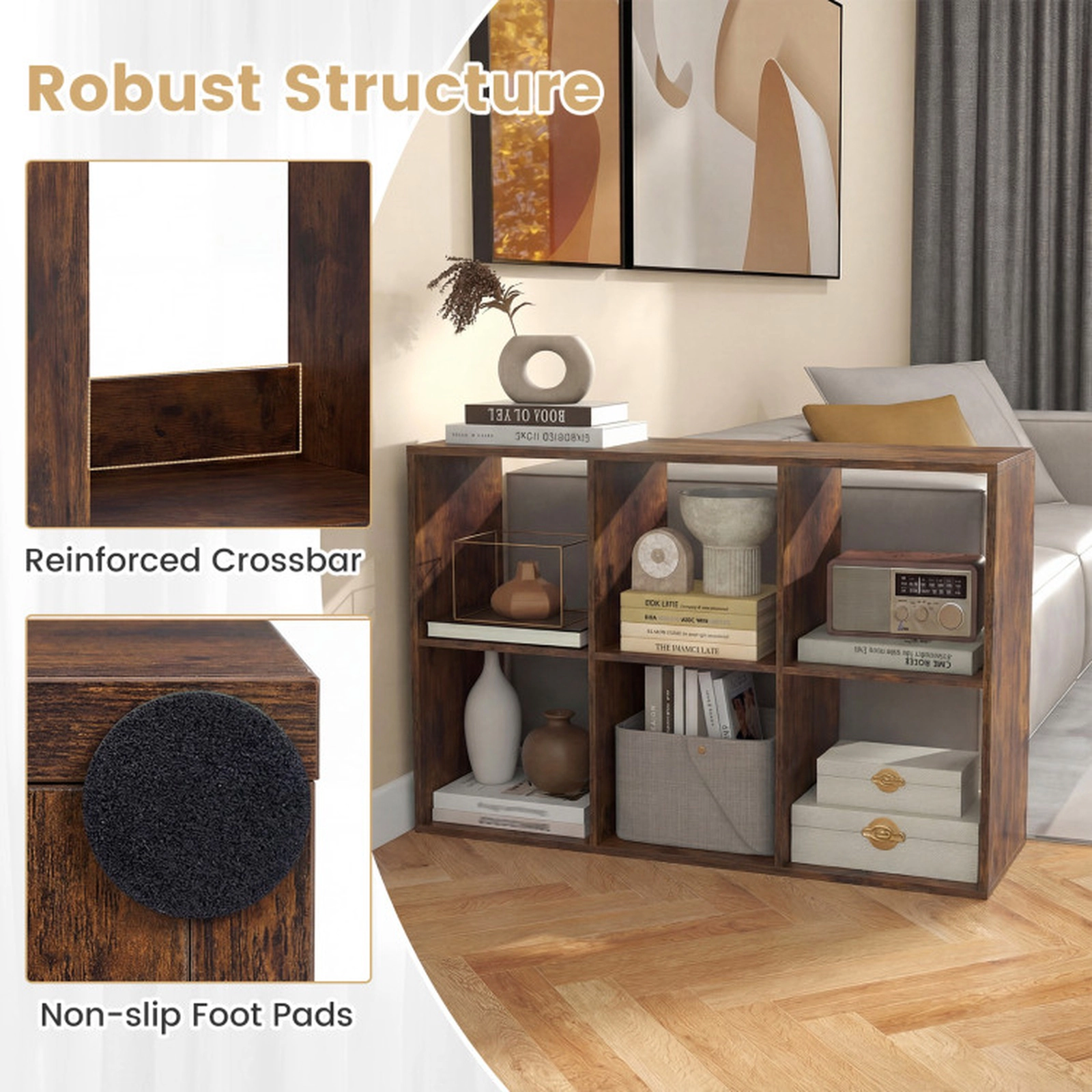 SUGIFT 6-Cube Rustic Brown 41-in Horizontal Low Bookshelf with Back Guardrail and 154-lb Tabletop