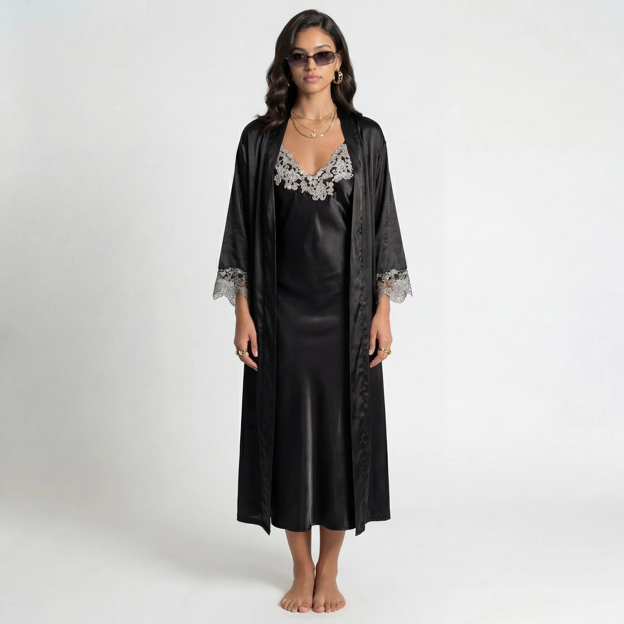 Anna-Kaci Women's Satin Long Robe and Lace Trim Nightgown Set