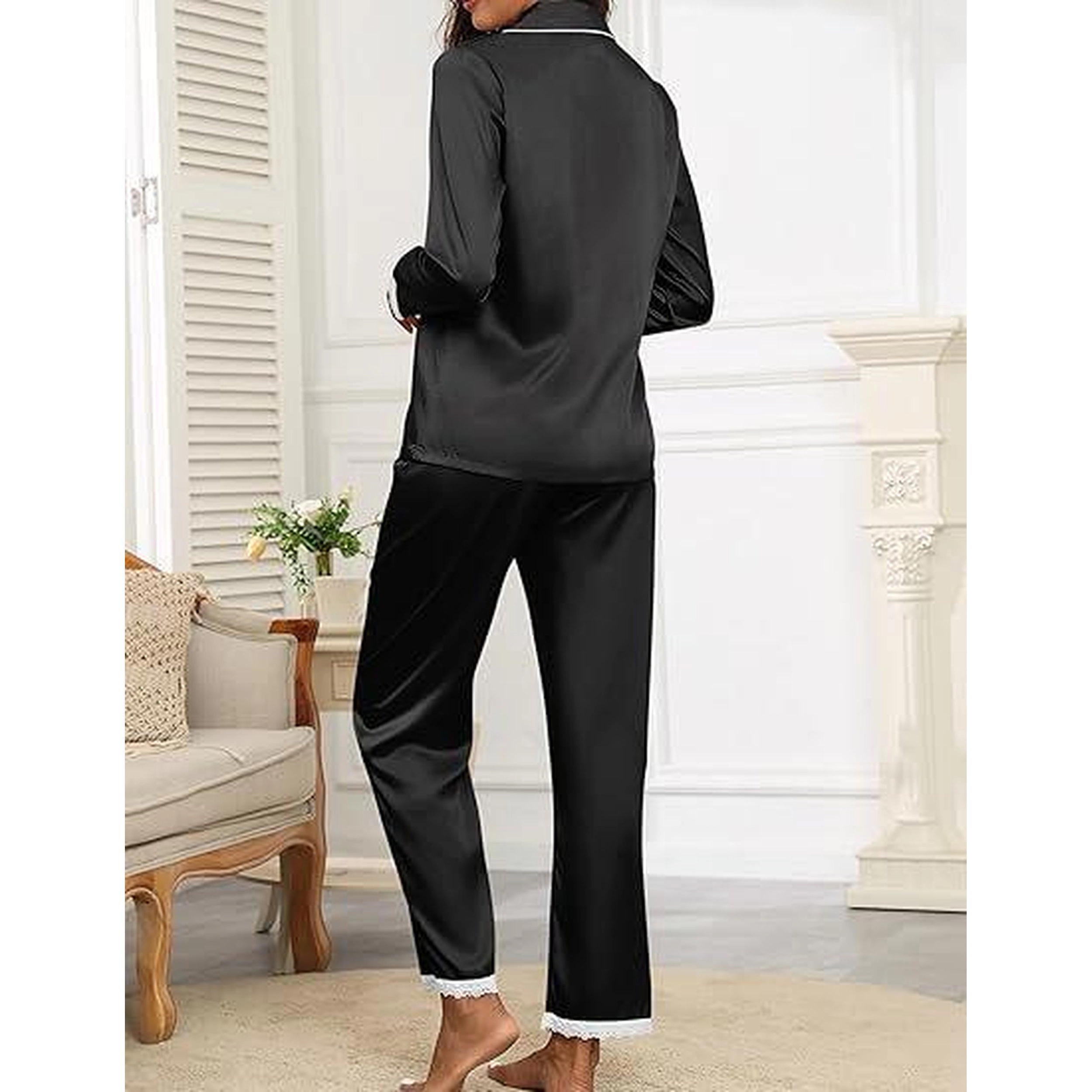 Ekouaer Satin Pajamas Silk Long Sleeve Sleepwear Button Down Loungewear Pieces Lace Set