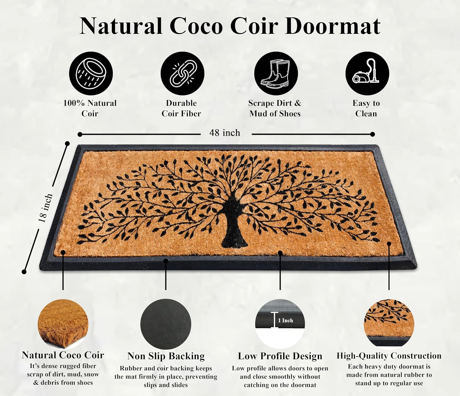 A1 Home Collections Coir and Rubber Door Mat 48x18 Inches Heavy Duty Durable Low-Profile Shredding Tree Black