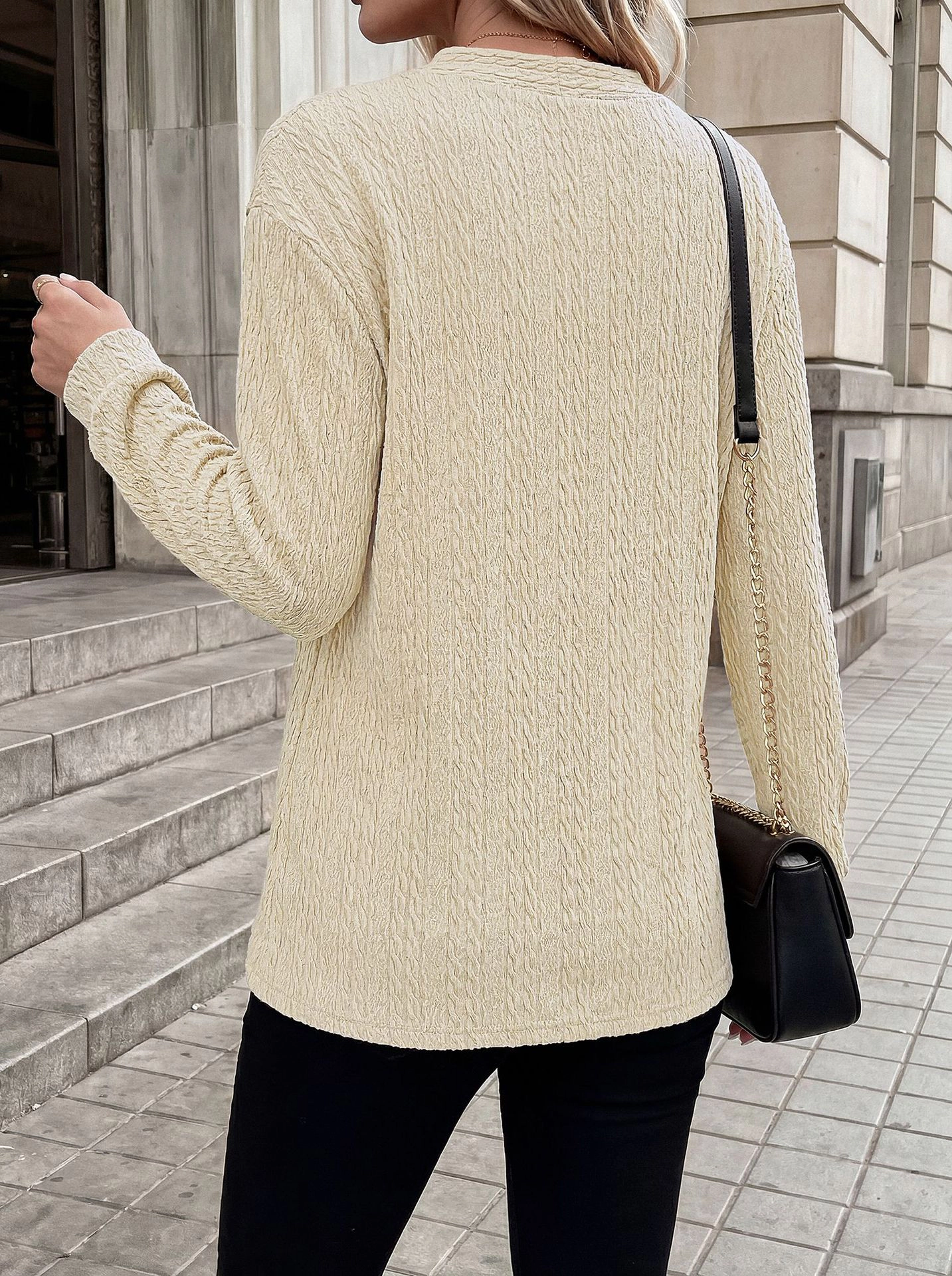 Enchanted Funland Women's Diagonal‑Button V‑Neck Long Sleeve Crinkle Textured Blouse