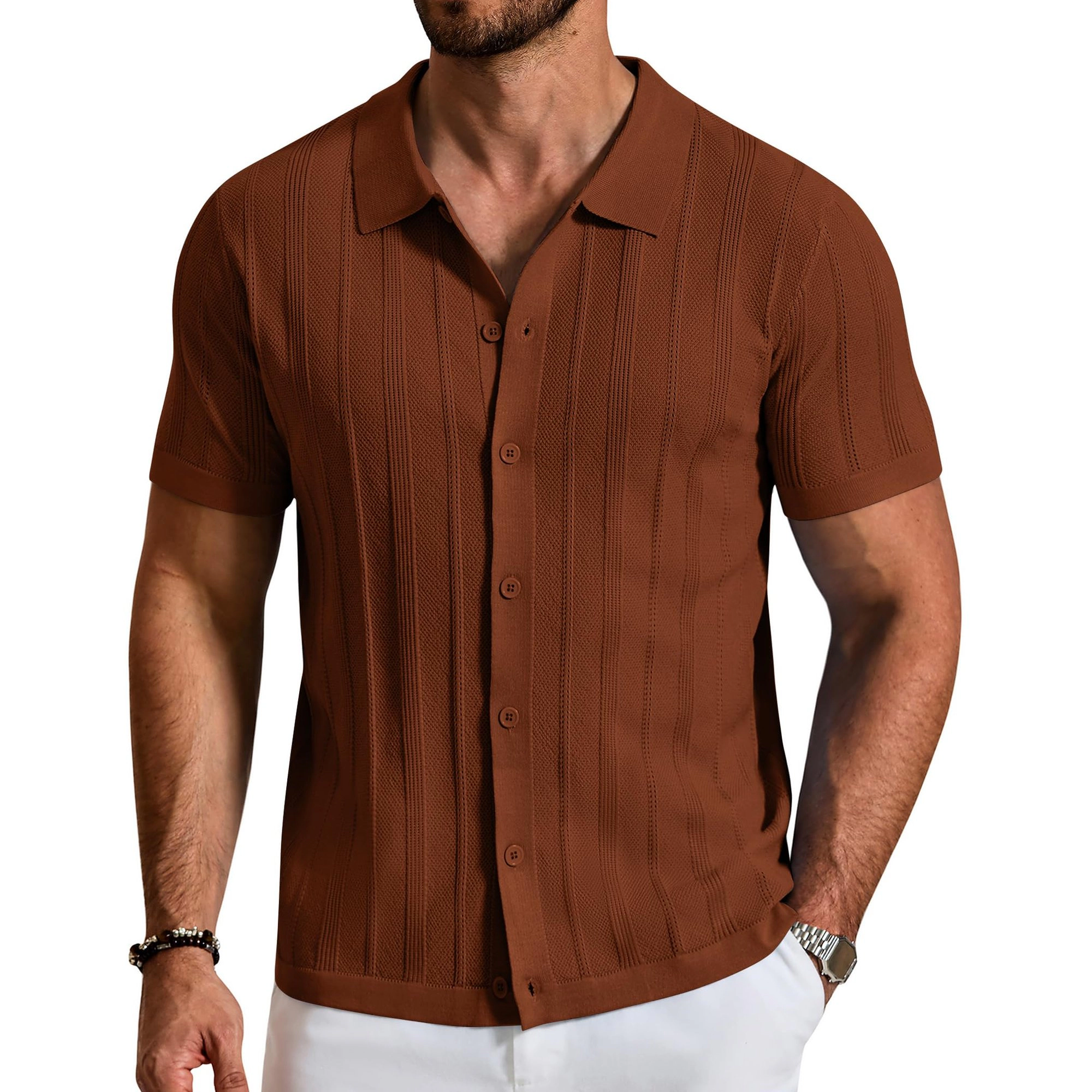 COOFANDY Mens  Short Sleeve Shirt Lapel Collar Button Down Textured Casual Top
