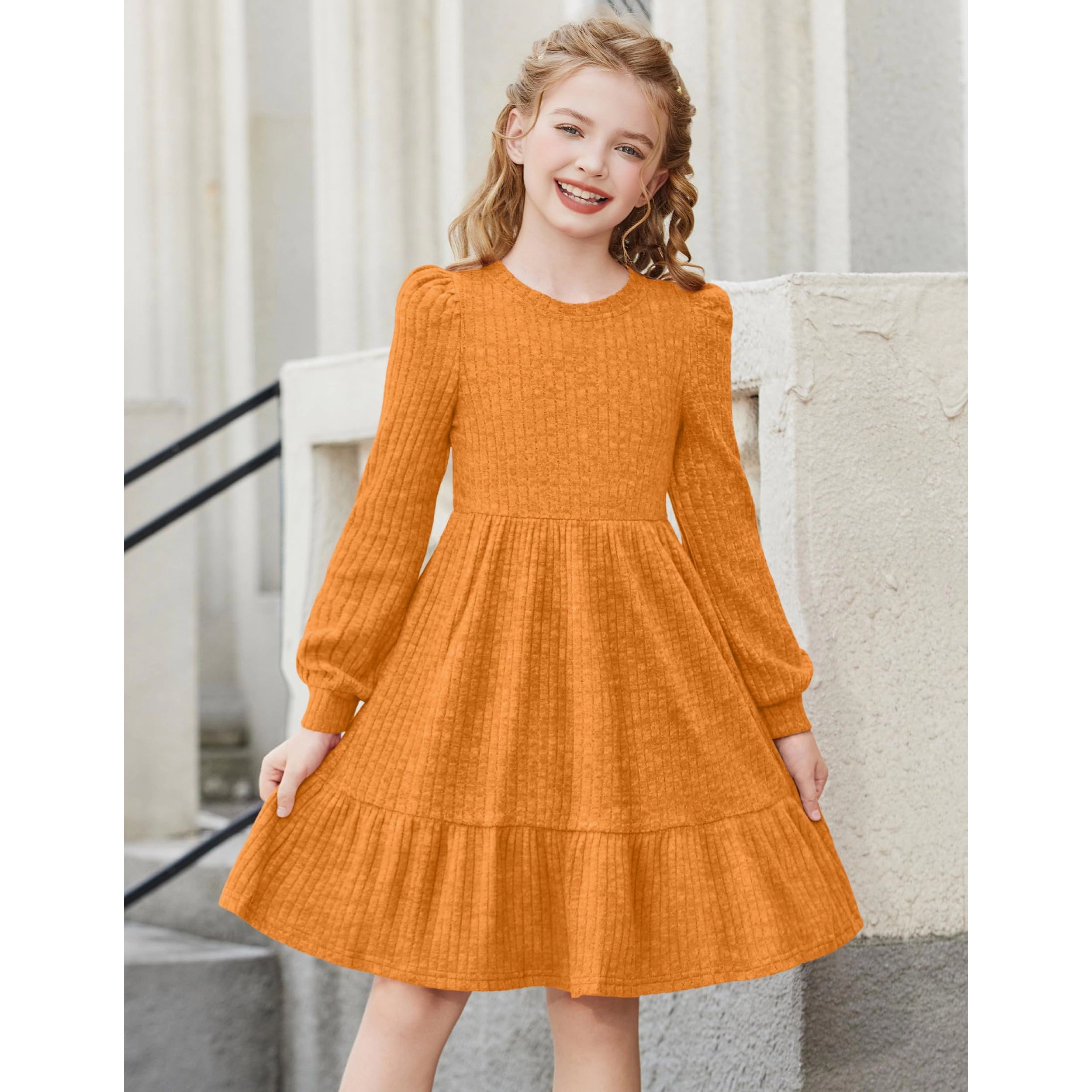 Arshiner Girls Pocket Dress Lantern Sleeve Knee Length Knit Cute