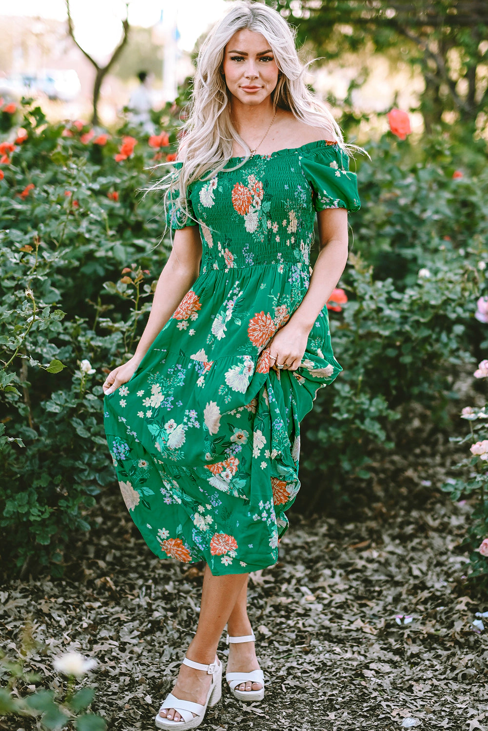 Threaded Pear Women's Kailany Floral Bubble Sleeve Smocked Tiered Midi Dress