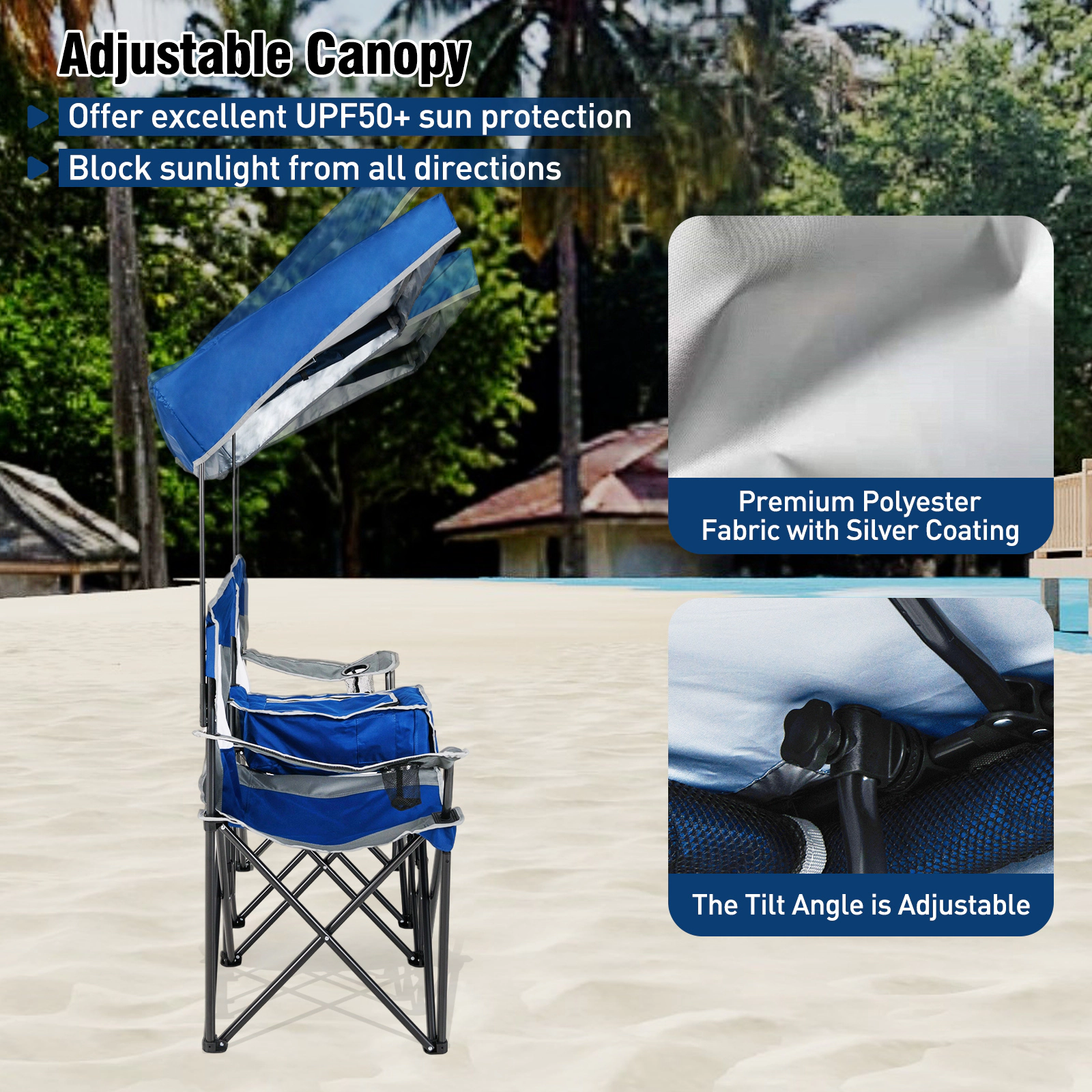 SUGIFT Double Beach Chair with Adjustable UPF50+ Canopy, Roll-Up Curtains, Cooler Pocket and Cup Holders
