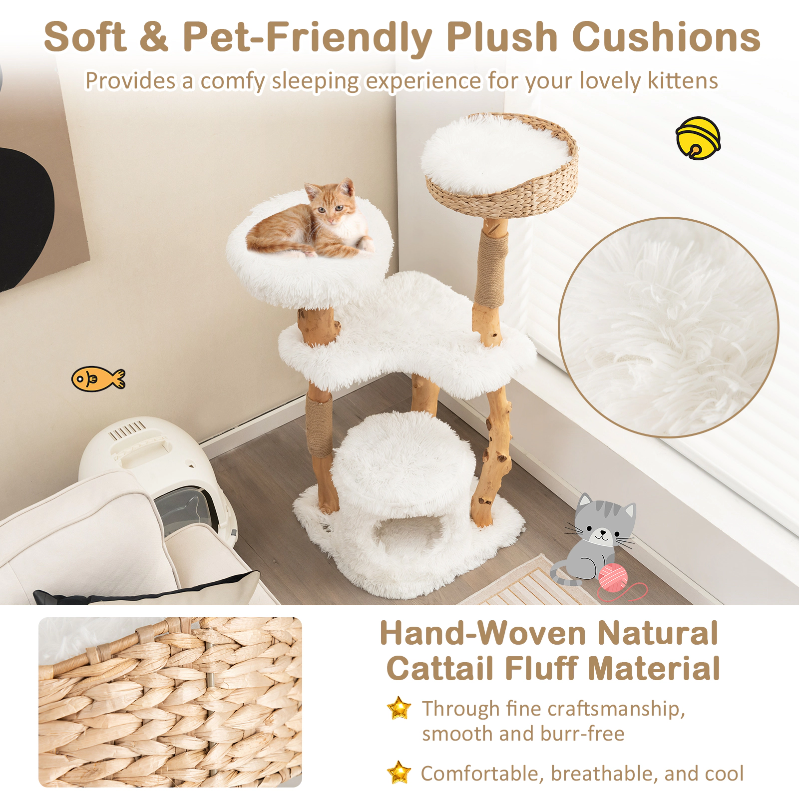 SUGIFT 49 in Solid Wood Cat Tower White with Cattail Basket Bed and Jute Posts