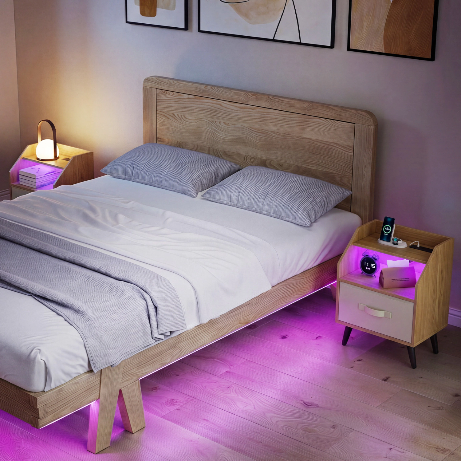 LJG Set of 2 Nightstands with LED Lights and Power Outlets for Living Room