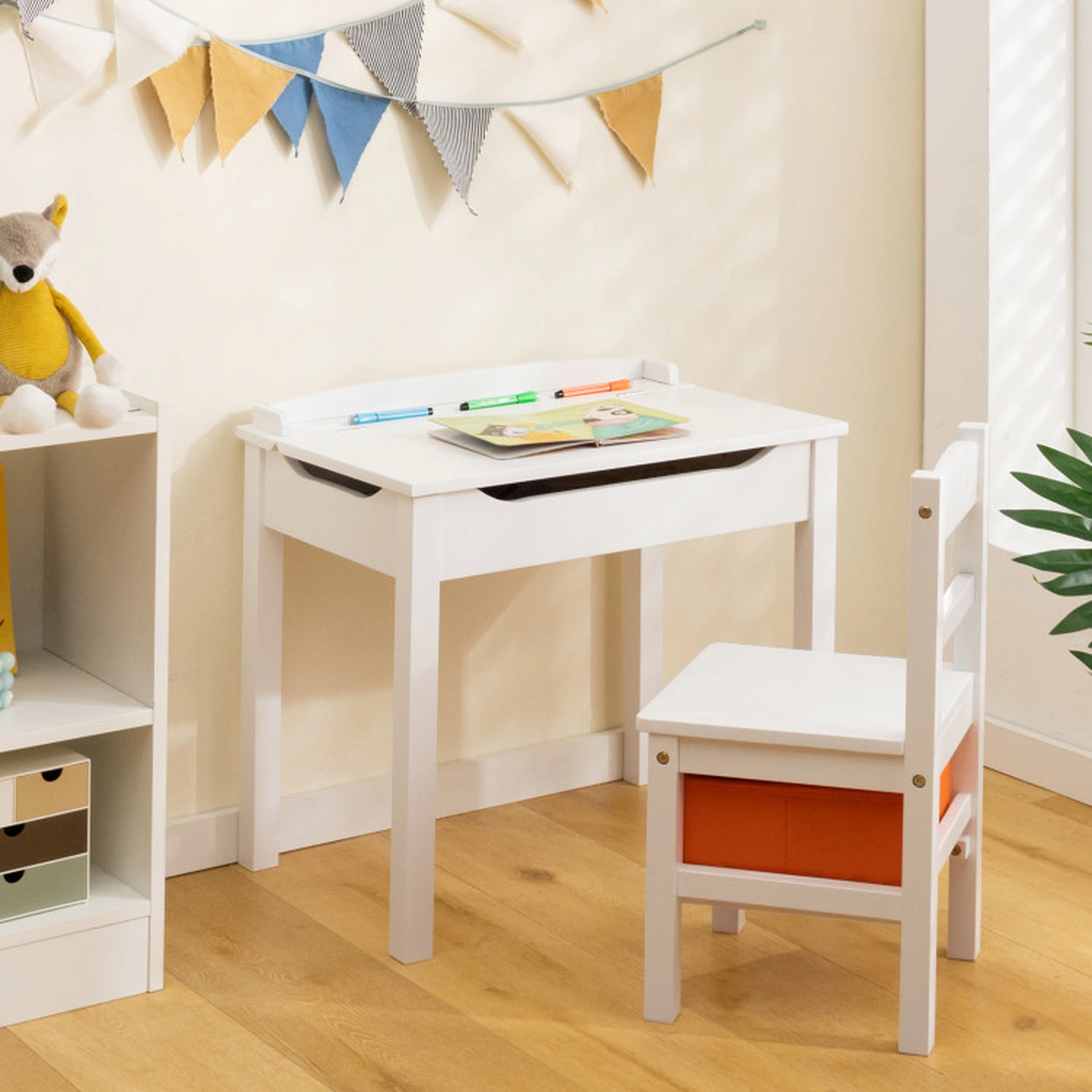 SUGIFT White Pine Wood Kids’ Activity Desk and Chair Set with Flip-Top Storage