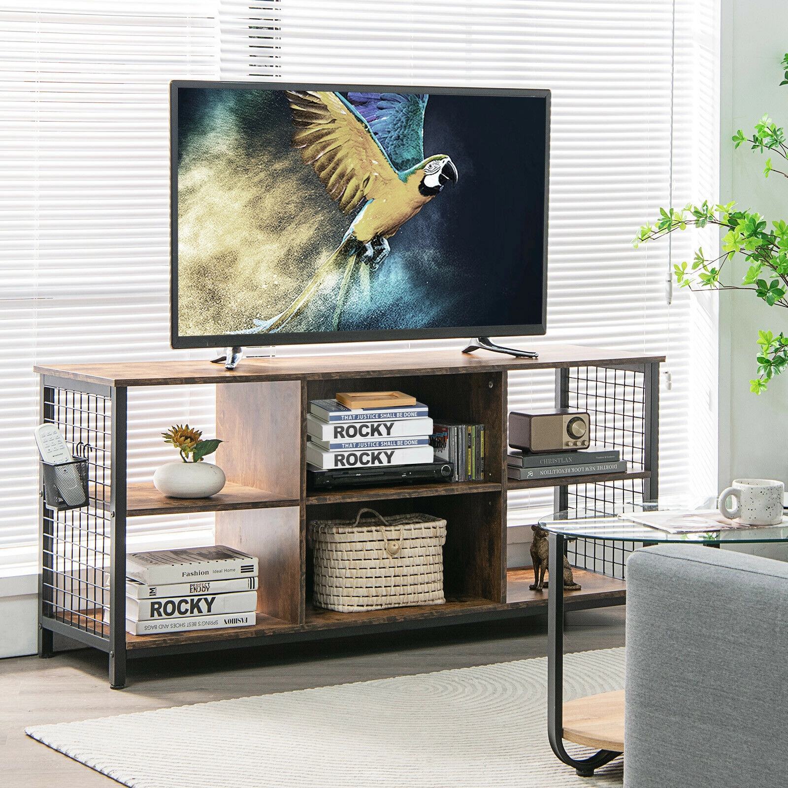 LJG Mid-Century Wooden TV Stand with Storage Basket for TVs up to 65 Inch