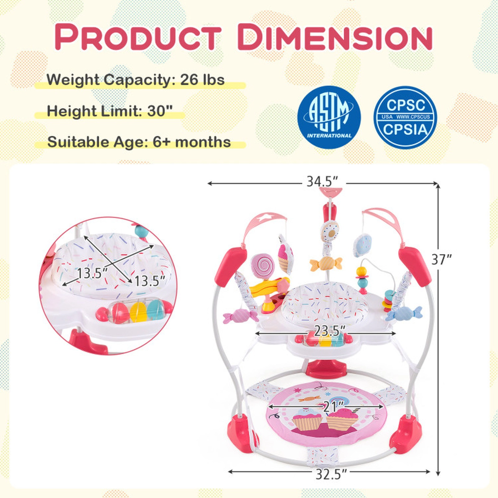 SUGIFT Baby Pink Bouncing Saucer Activity Center with Music Tray and 10 Toys 34.5-in Dia 26-lb Seat Capacity