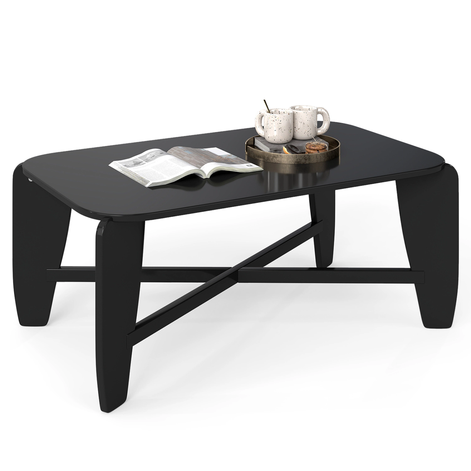 LJG Modern Coffee Table with Rubber Wood Cross-Leg Base Rectangular Center