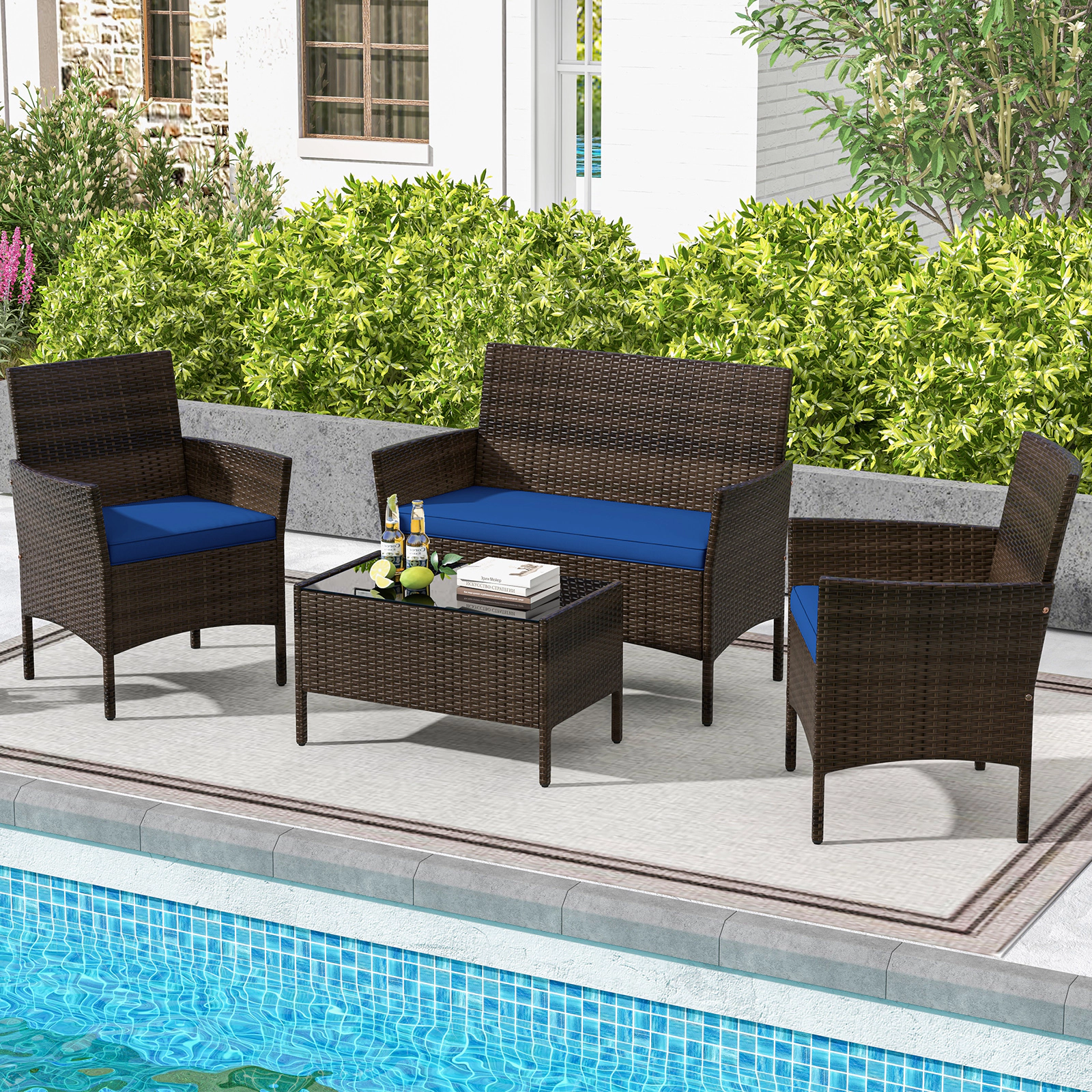 SUGIFT 4-Piece Black Patio Furniture Set with Rattan Loveseat Chairs and Glass Coffee Table 400-lb Per Chair