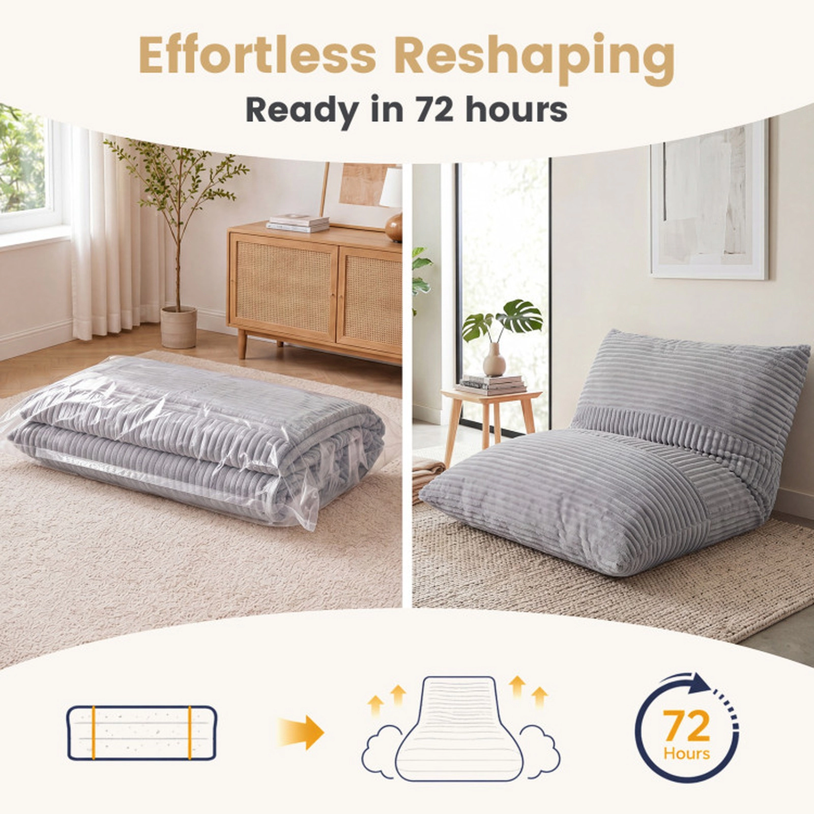 SUGIFT 3-in-1 Convertible Wide Wale Corduroy Large Bean Bag Chair 73-in x 53-in 36-lb Net Weight Light Gray