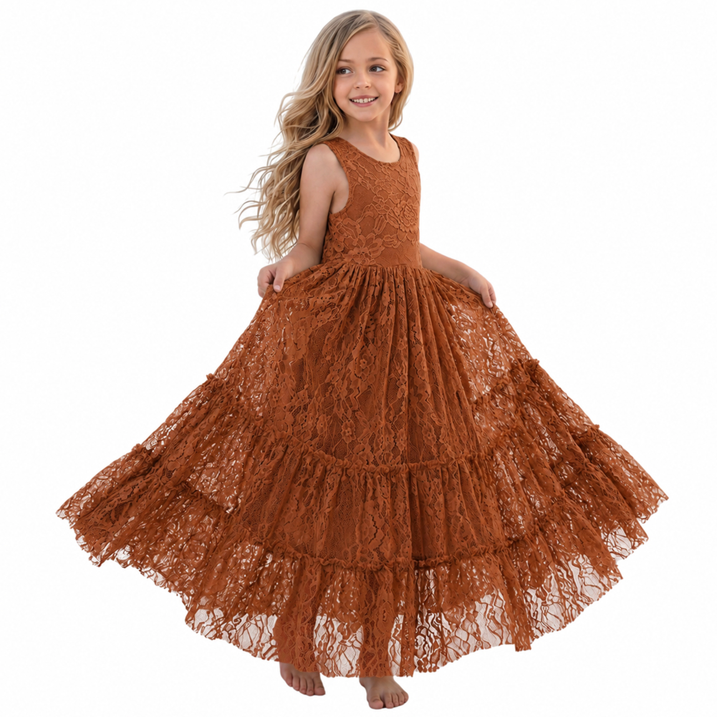 2Bunnies Girls’ Vintage Boho Sleeveless Lace Ruffled Maxi Dress