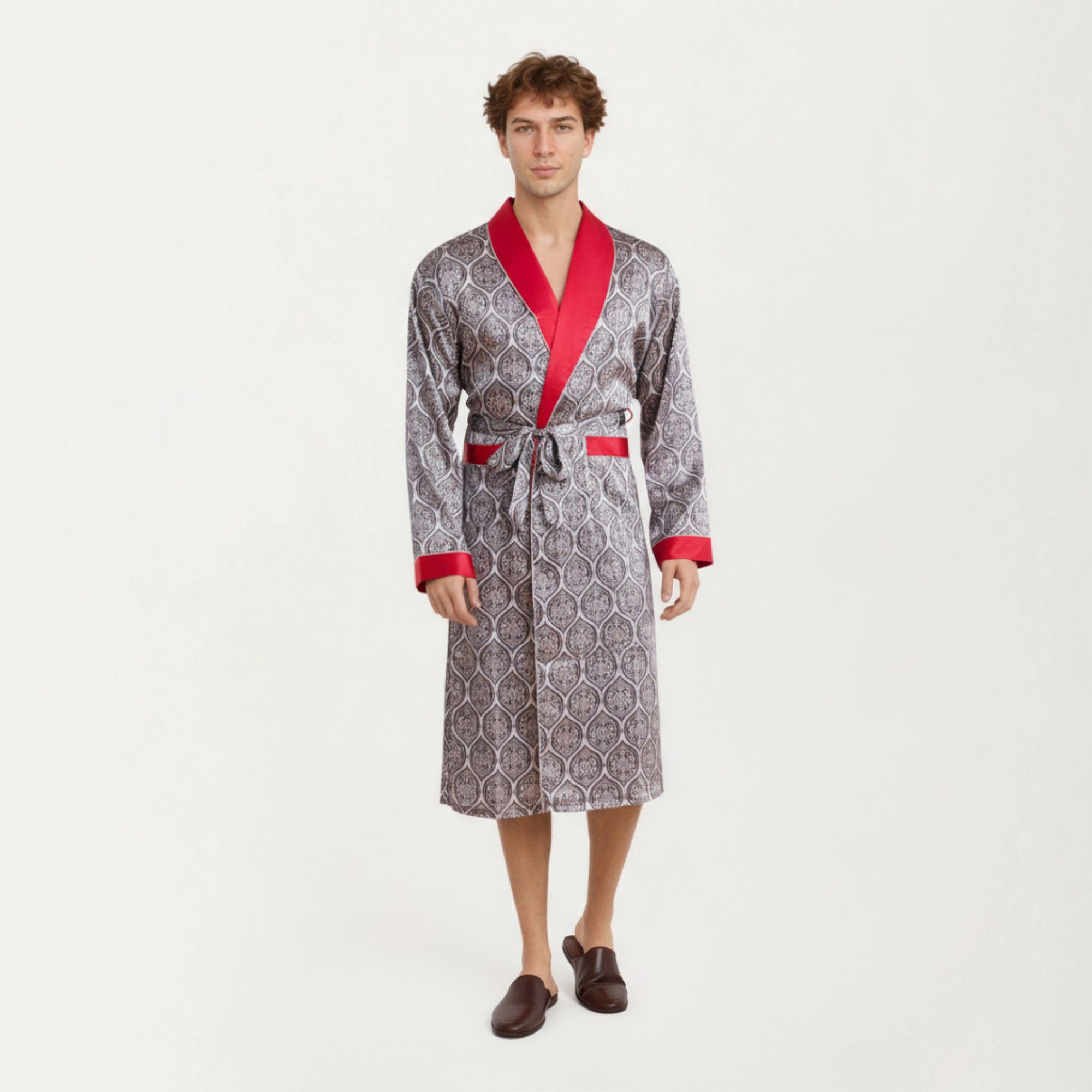 Anna-Kaci Men's Satin Robe with Ornate Medallion Pattern and Contrast Trim Details