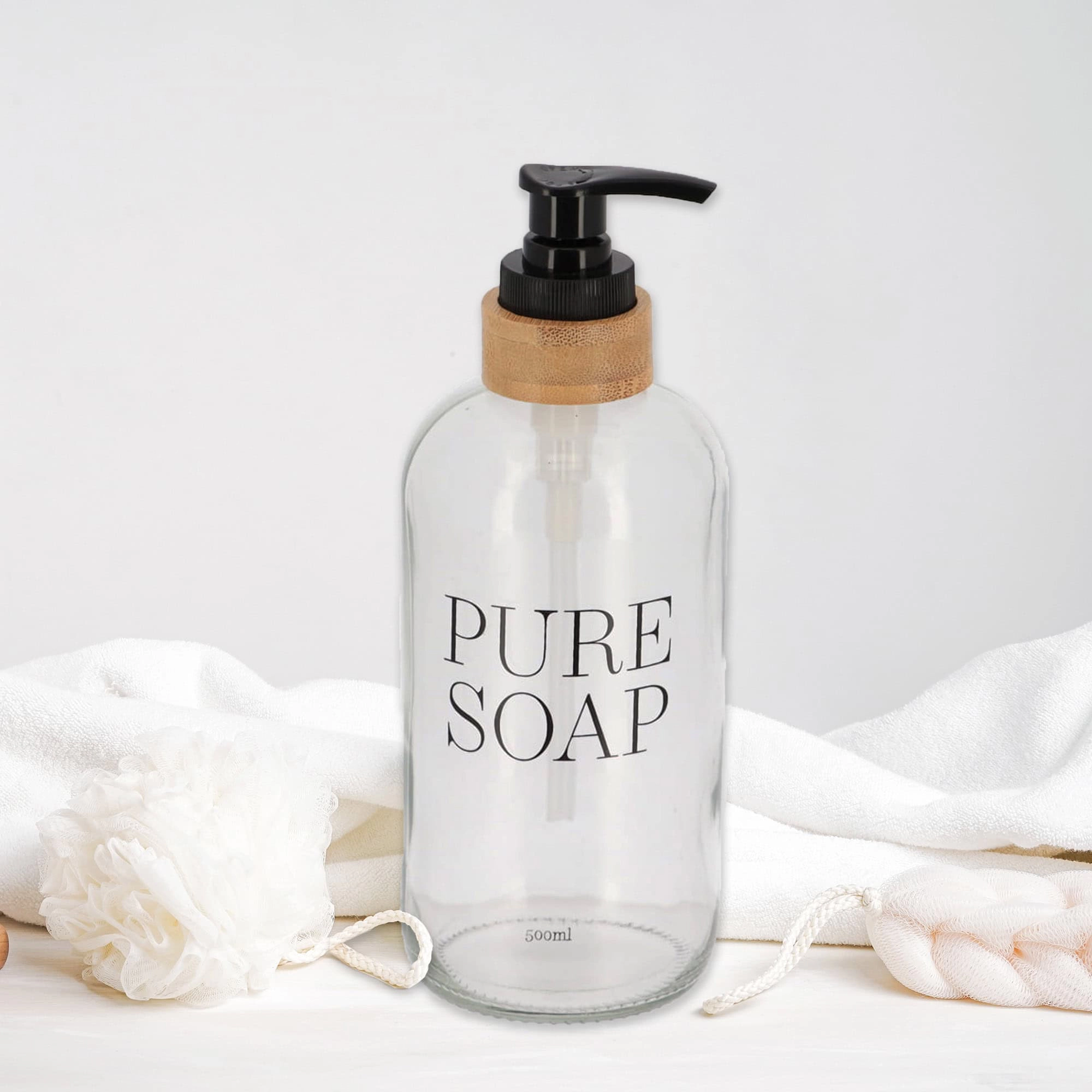 Evideco French Home Goods 17 oz Clear Glass Soap Dispenser with Bamboo Collar, PURE SOAP Embossed