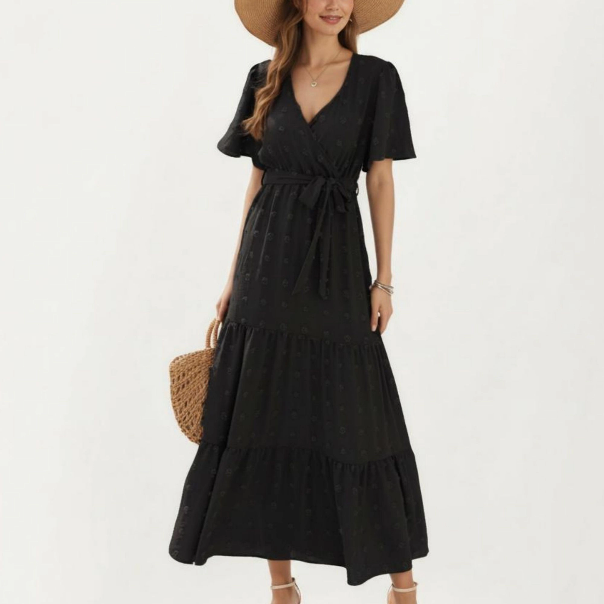 Anna-Kaci Women's Short Sleeve Wrap Front Maxi Dress with Waist Tie and Tiered Skirt