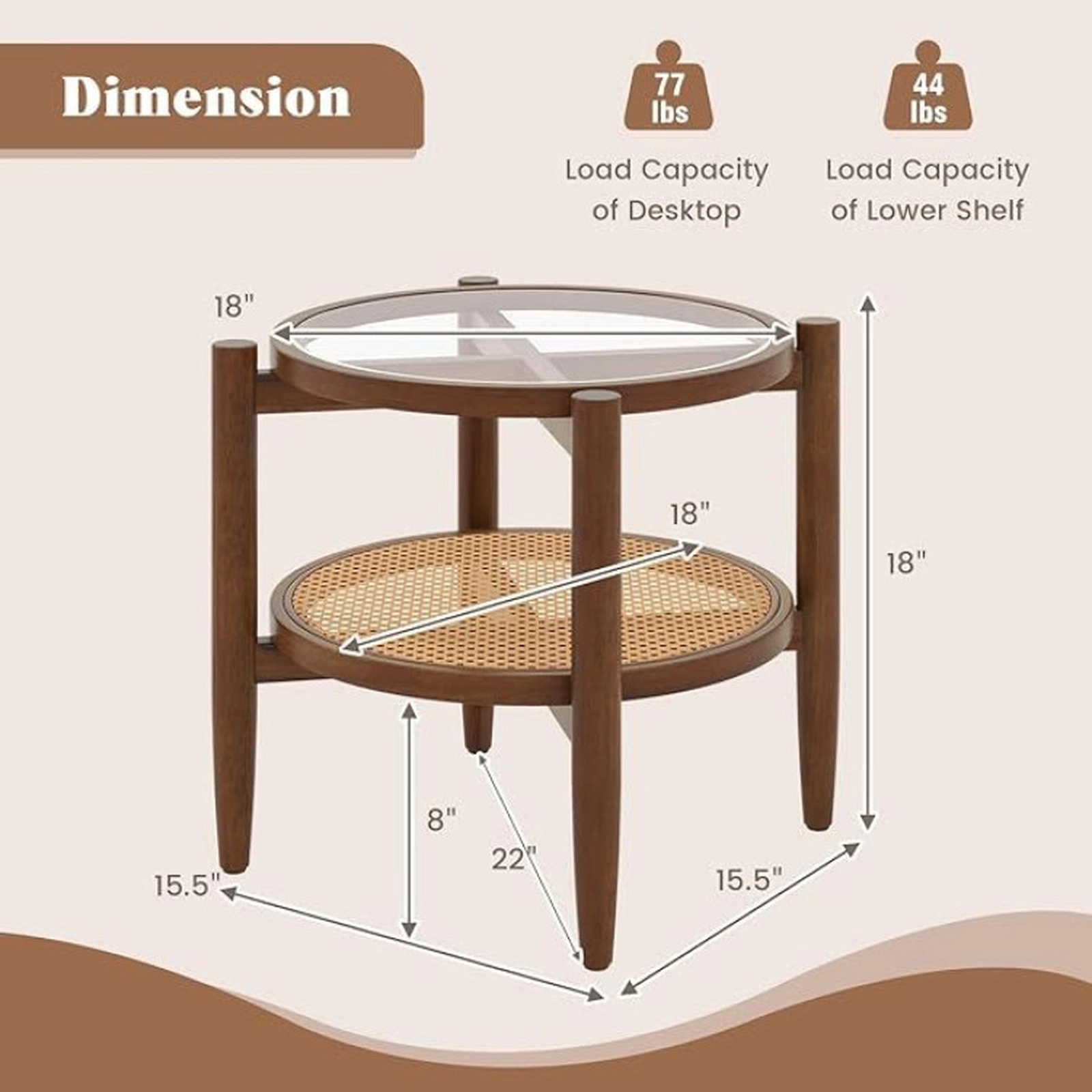 SUGIFT Set of 2 Round Side Tables Walnut with Tempered Glass Top and Rattan Lower Shelf