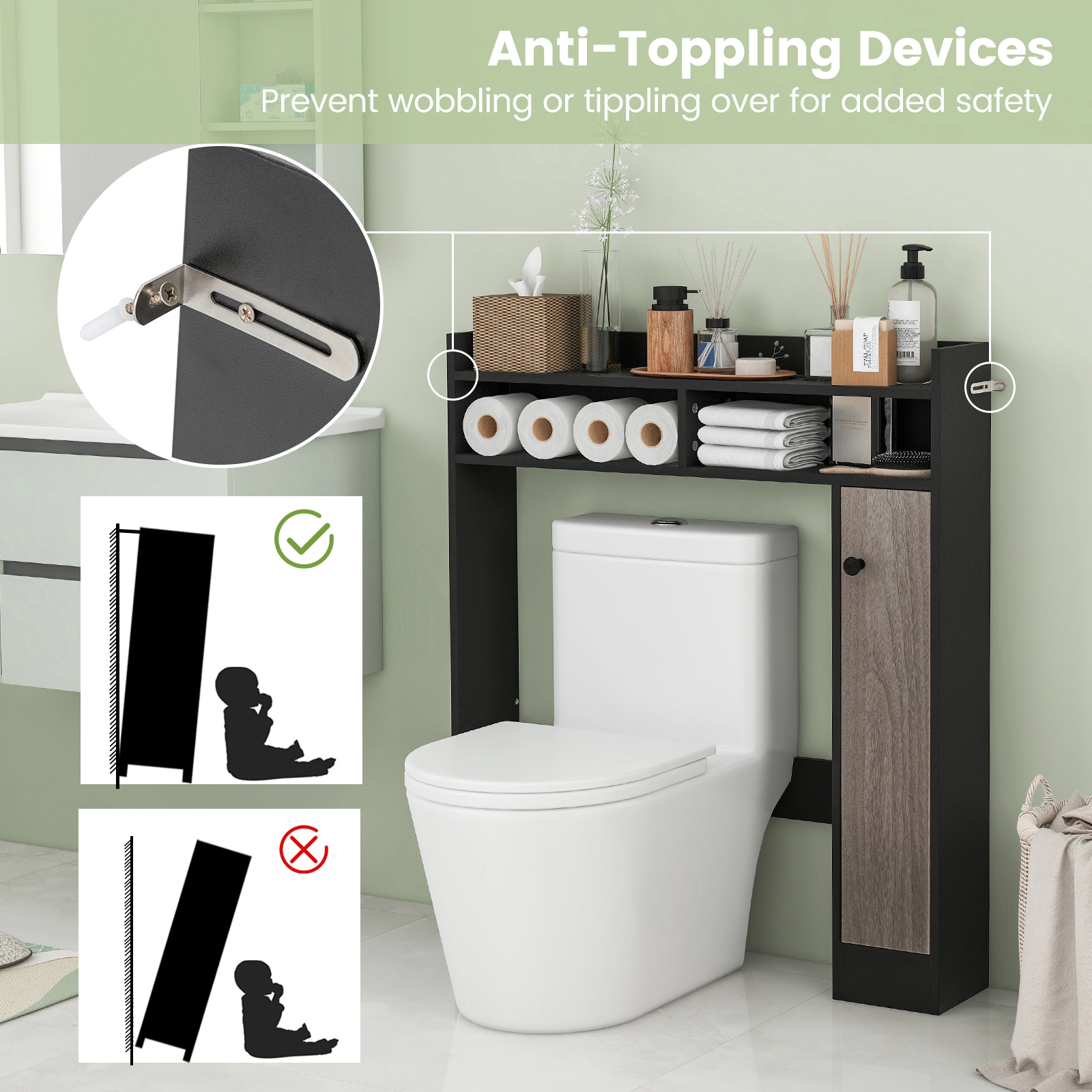 SUGIFT Over the Toilet Storage Organizer Black with Adjustable Bottom Bar and Cabinet
