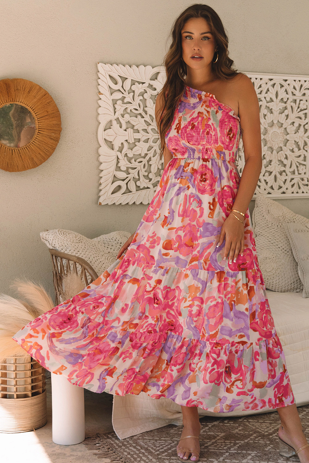 Threaded Pear Women's Malaysia Floral Print Shirred One Shoulder