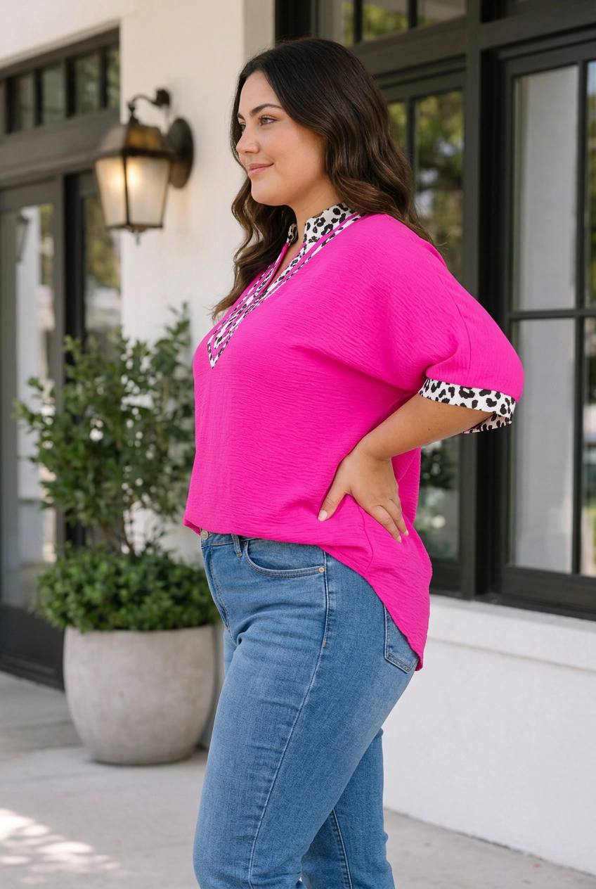 Threaded Pear Rose Red Leopard Accent Notched Neck Plus Short Sleeve Top