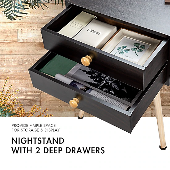 Glintex Mid-Century 2-Drawer Nightstand with Anti-Tipping Kit and 14-Inch Leg Clearance
