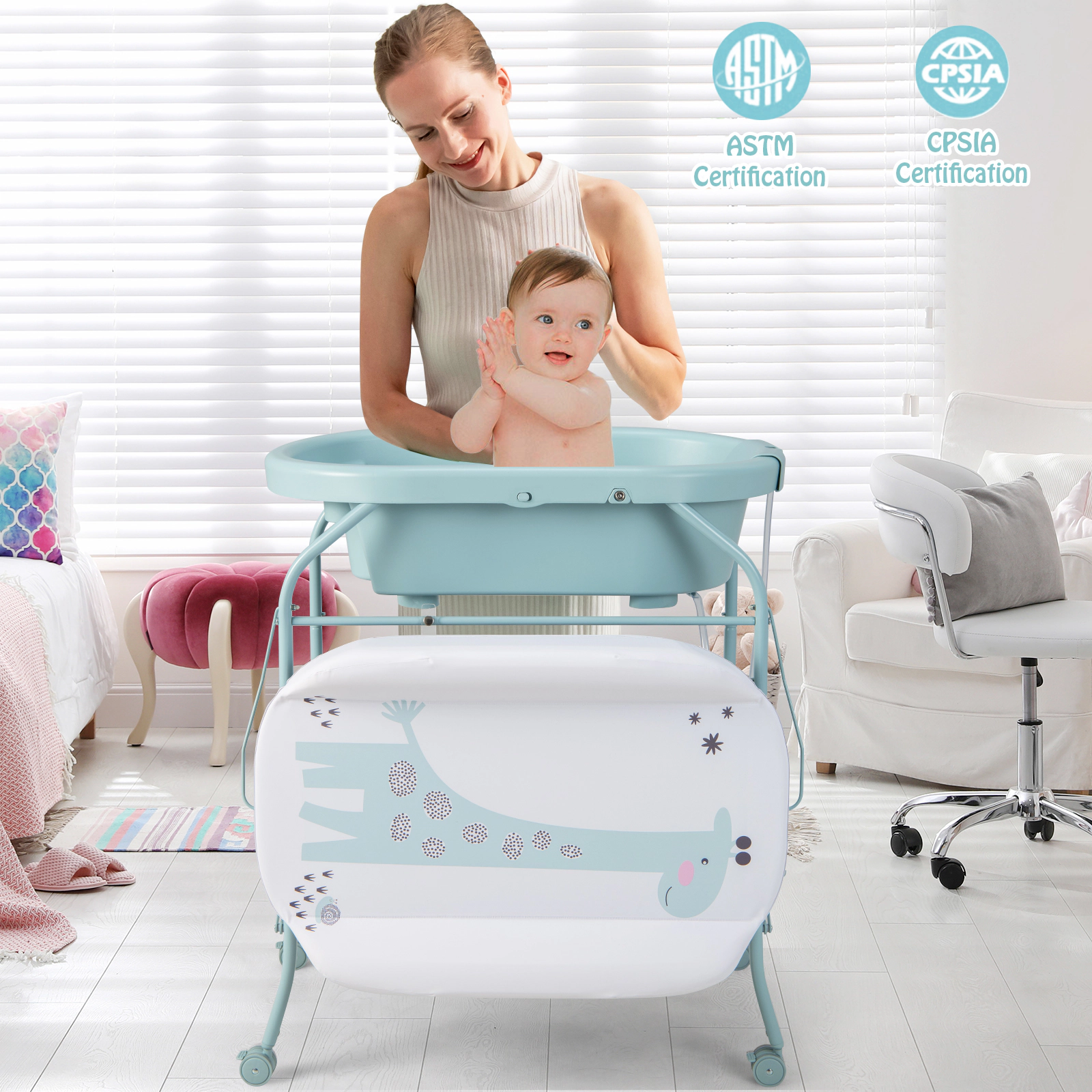 SUGIFT Folding Baby Changing Table with Bathtub and 4 Universal Wheels 33-lb Capacity Ages 0-12 Months Blue