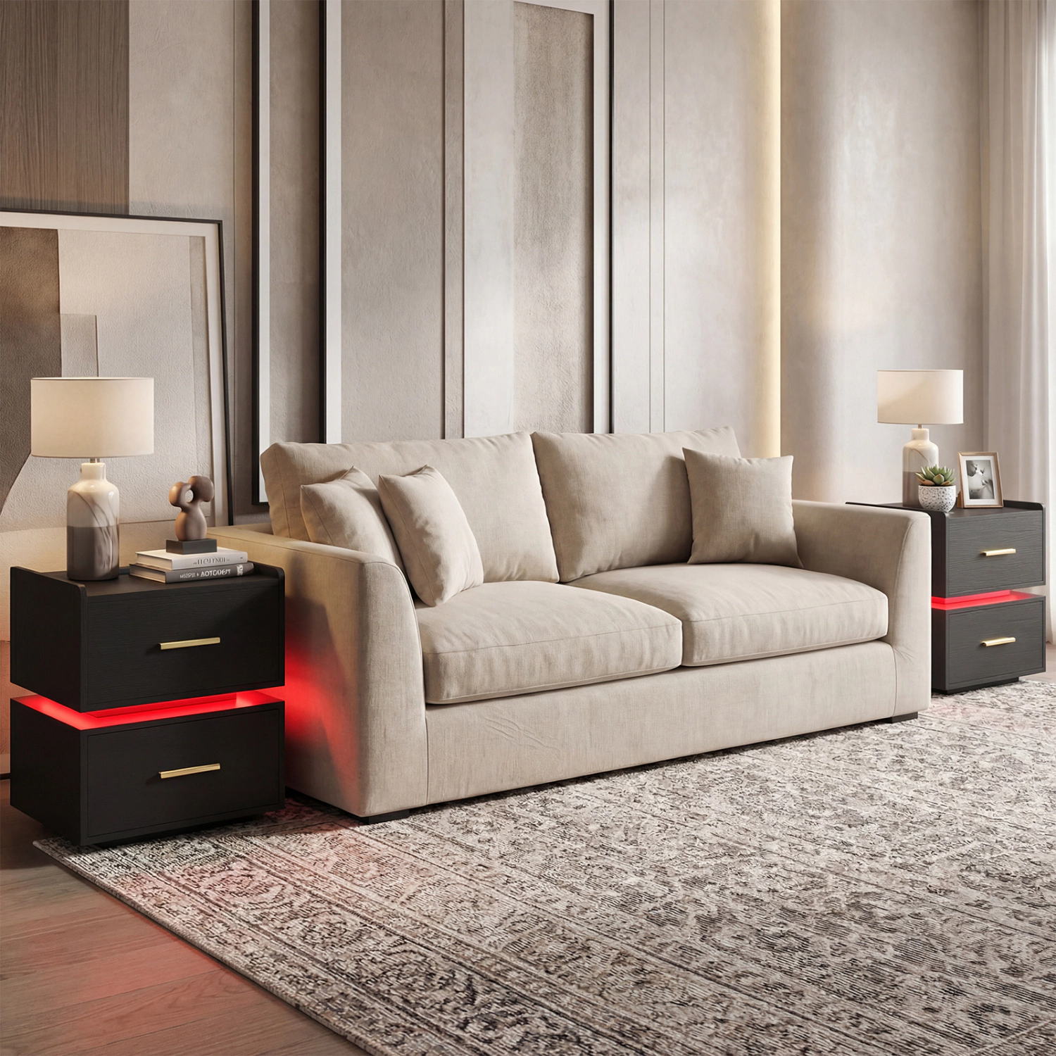 Glintex Semi-Floating LED Nightstand with Charging Station and 2 Storage Drawers