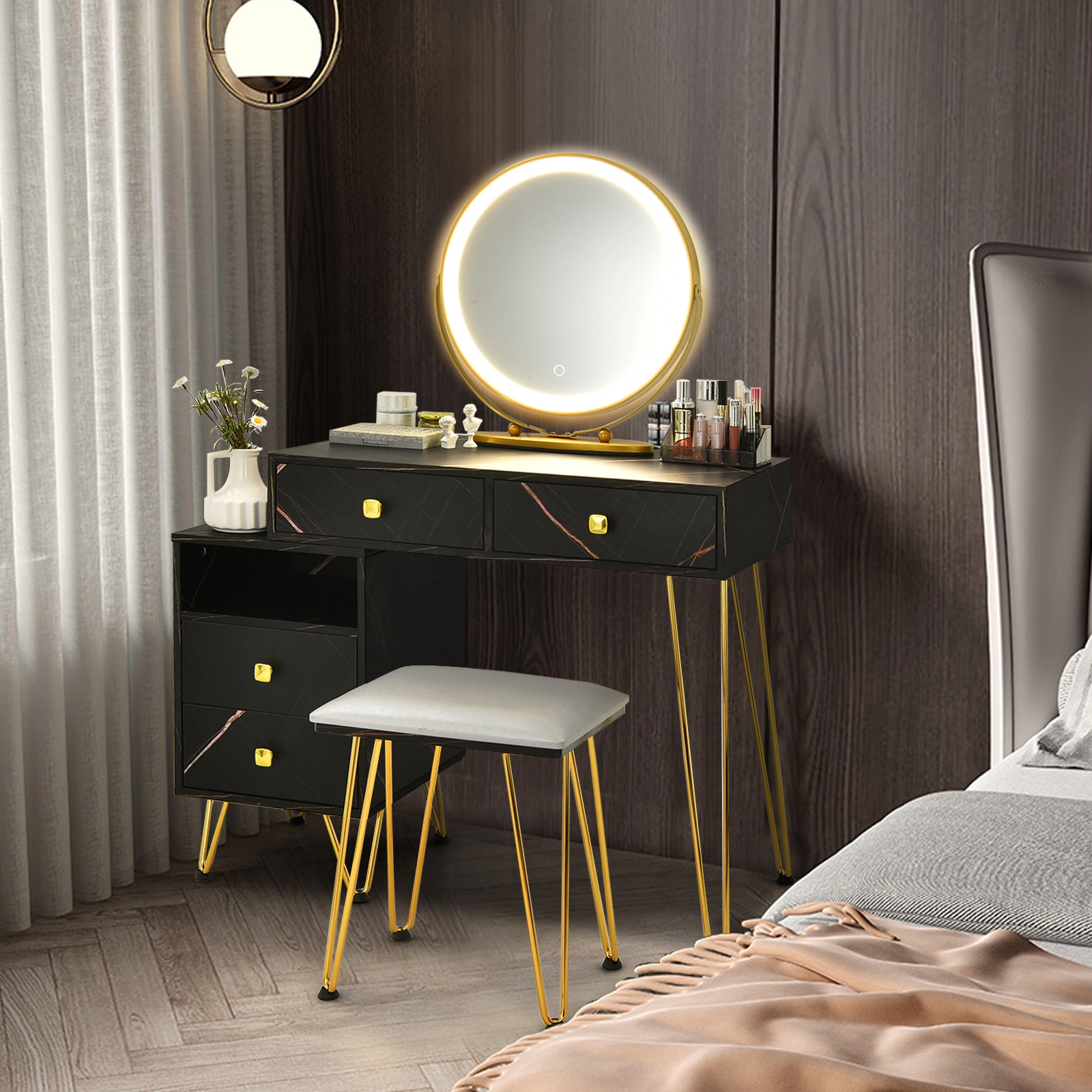 SUGIFT Modern Dressing Table with Storage Cabinet, Stool and LED Mirror 88-lb Table 220-lb Stool Capacity Black