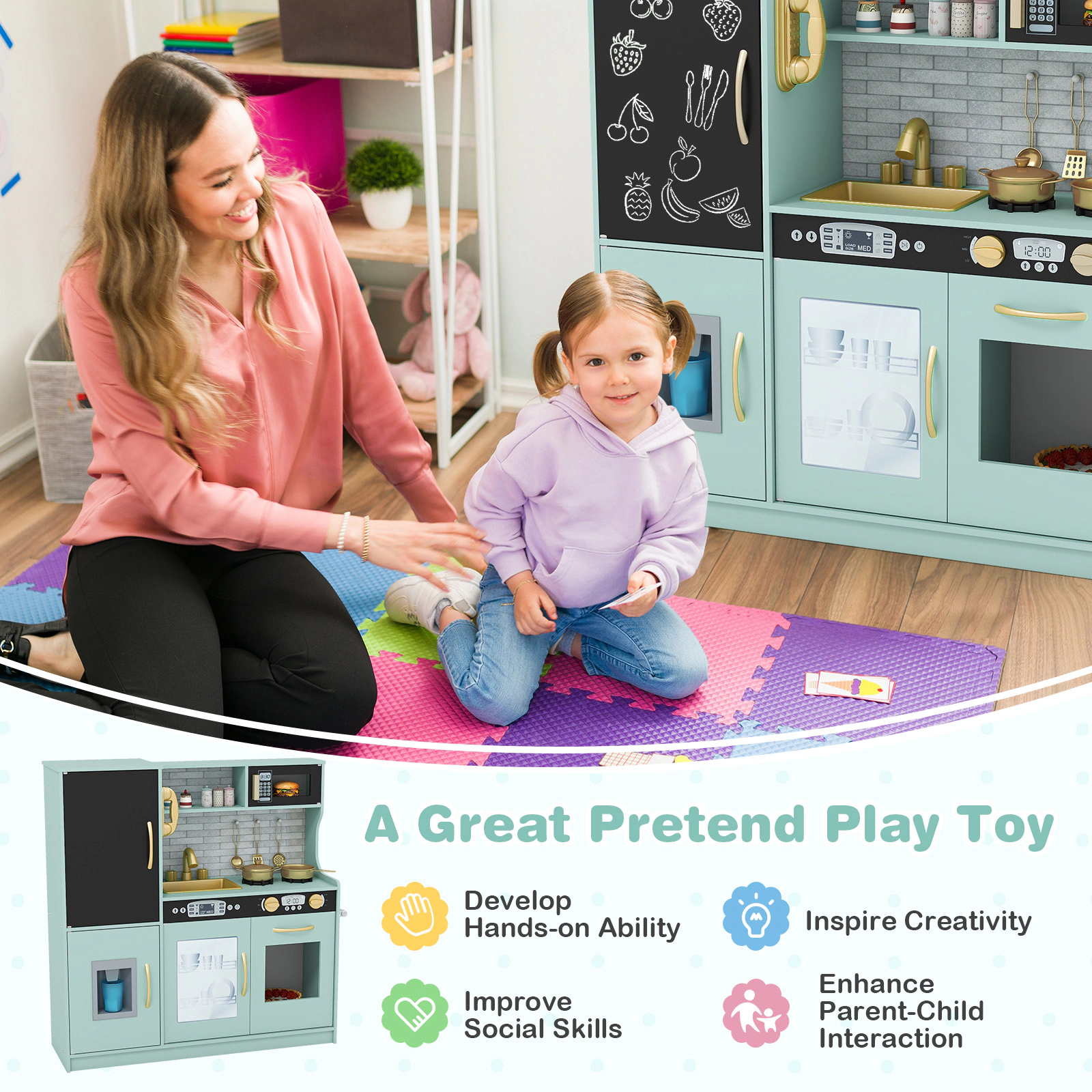 Toddler Play Kitchen Anti-Toppling Anchor Removable Sink Blackboard 32-in Slim Kitchen Playset Ages 3-6 Green