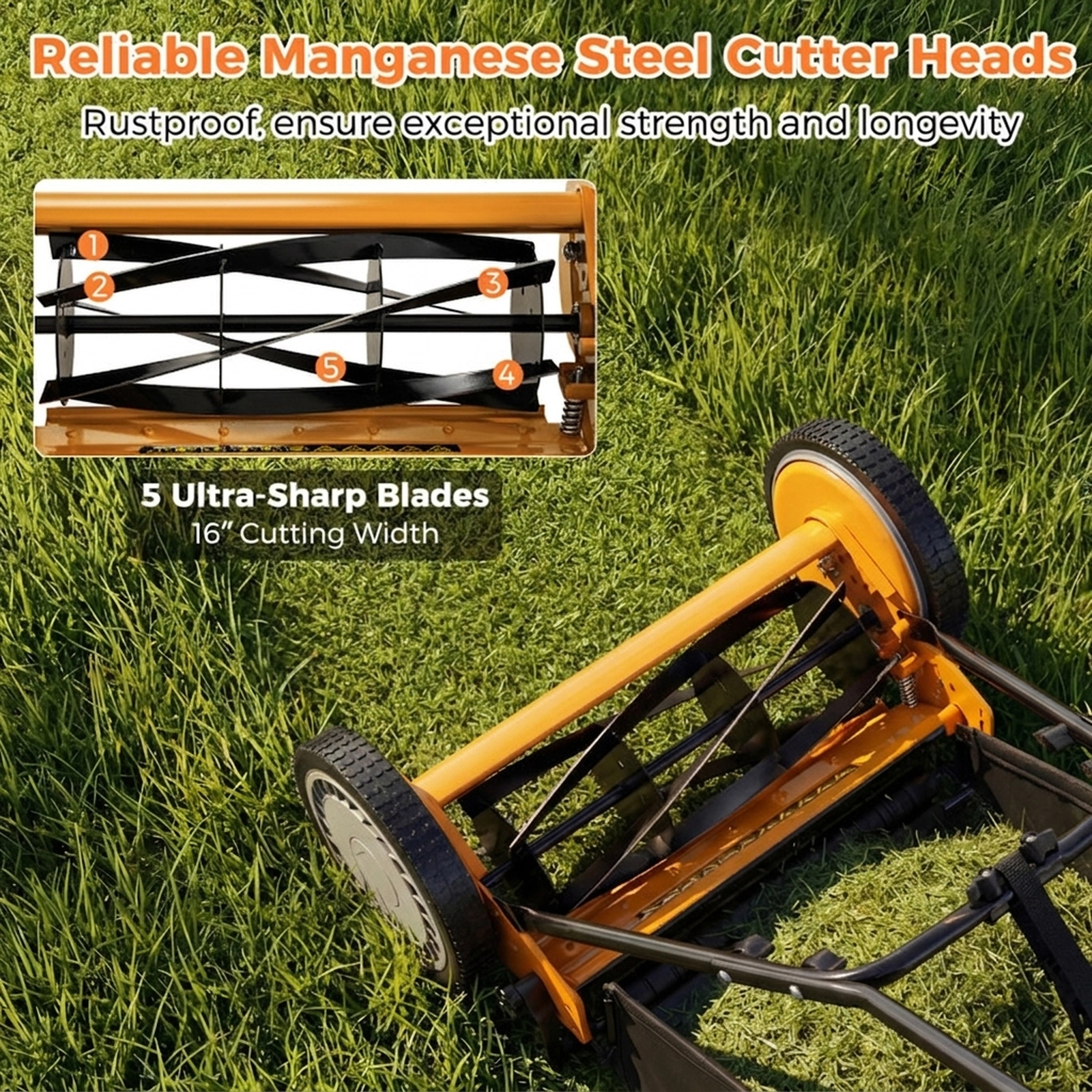 SUGIFT 16-in Cutting Width Manual Push Lawn Mower with 5 Steel Blades and Grass Catcher Bag Orange
