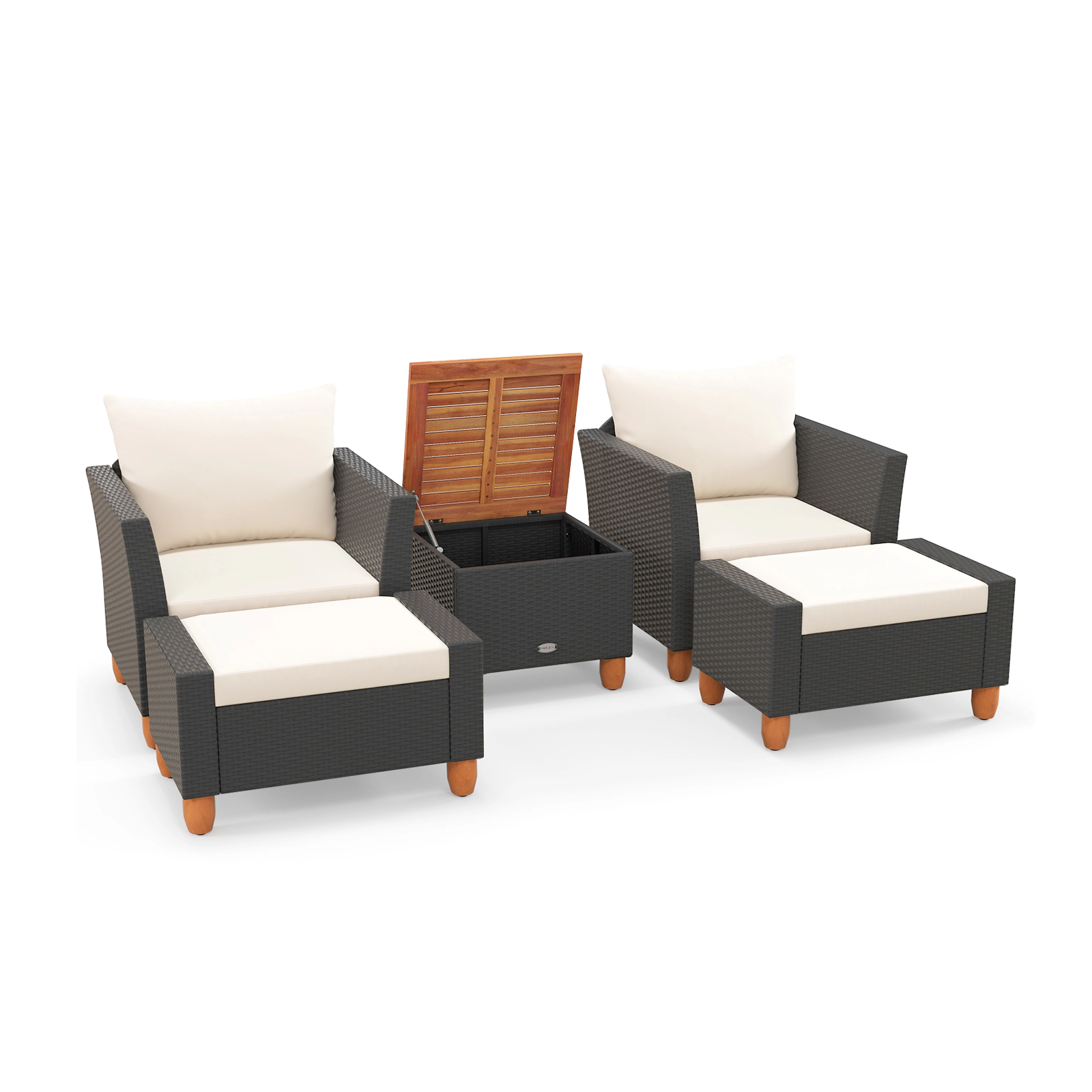 SUGIFT White 2 Ottomans and Acacia Storage Table 5-Piece Patio Rattan Sofa Set