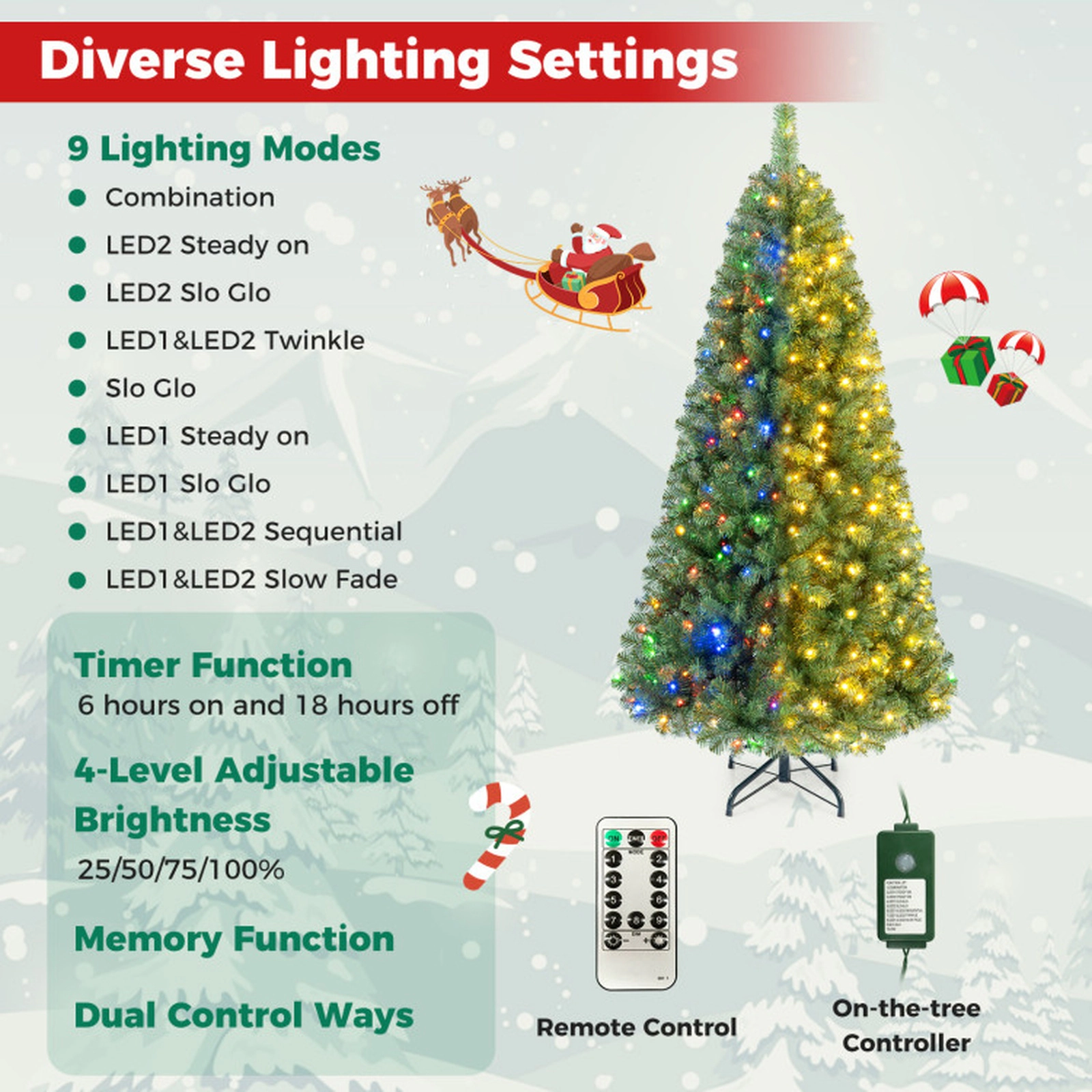 SUGIFT 7-ft Green Pre-Lit Artificial Christmas Tree with 500 LED Lights 1181 Tips Remote and 9 Light Modes