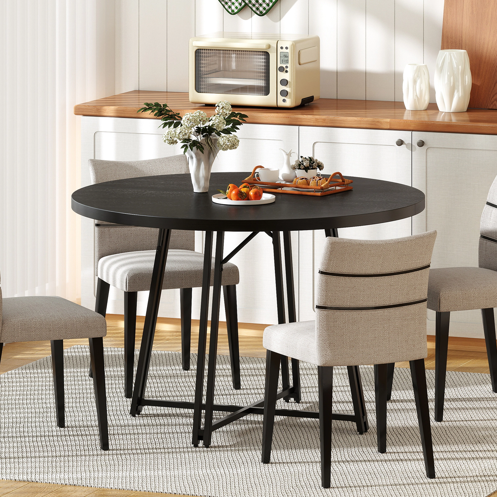 SUGIFT 47-in Round Dining Table for 4-6 People with Cross Metal Base 200-lb Capacity 47 x 30.5 in Black MDF Top