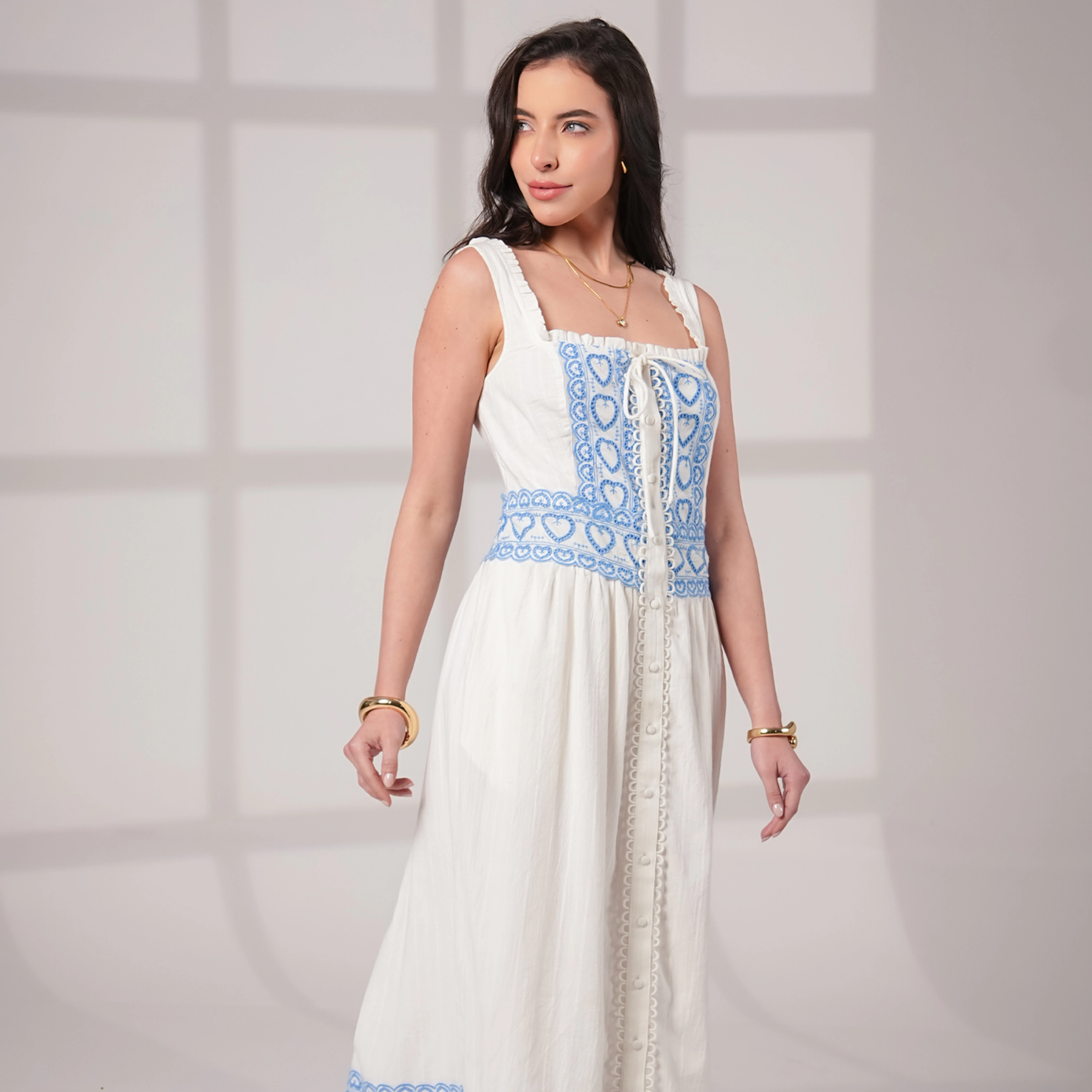 Rose & Nancy Women's Harri White and Blue Cotton Heart Embroidery Maxi Dress