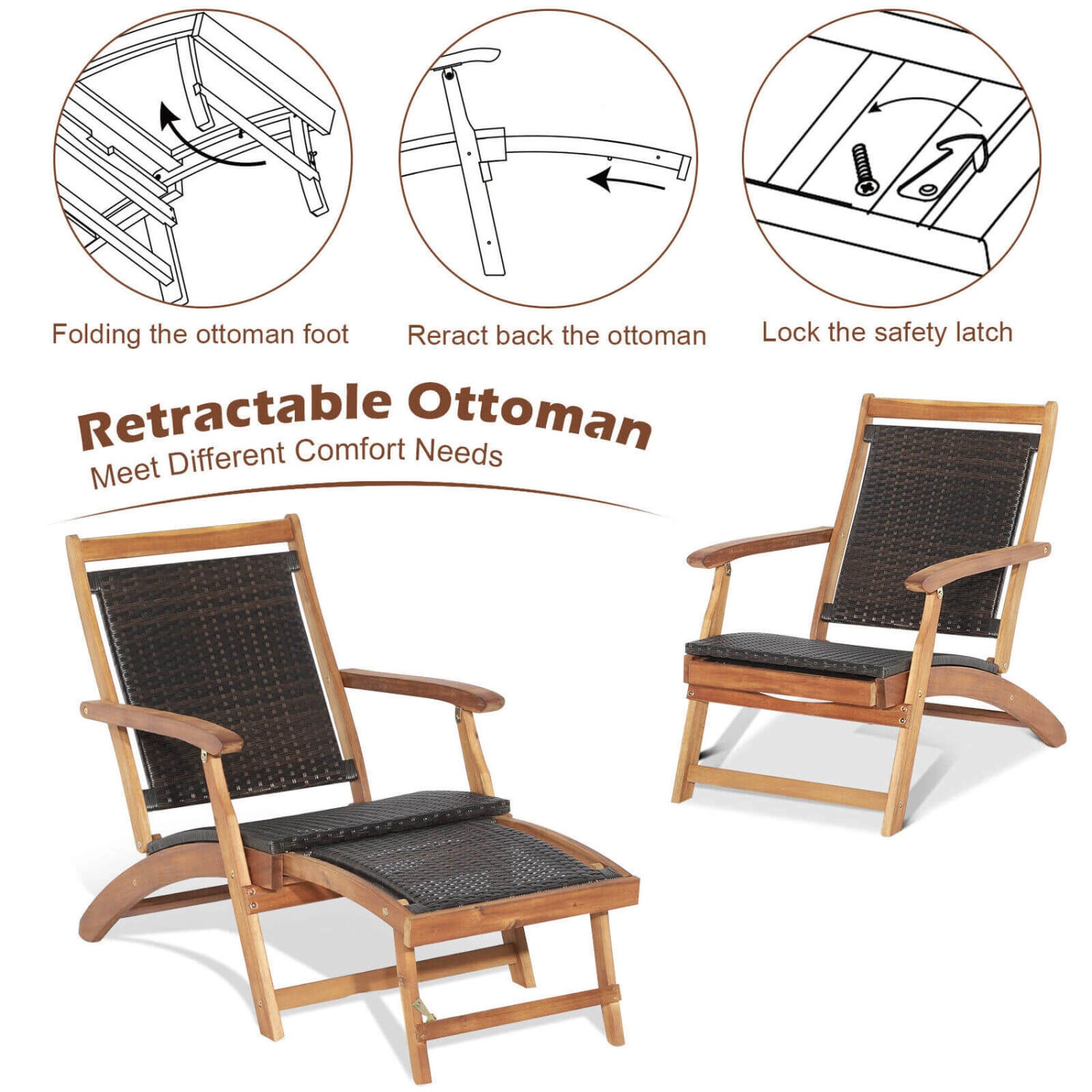 SUGIFT Mix Brown Acacia Wood Side Table 3-Piece Set of 2 Patio Rattan Folding Lounge Chairs