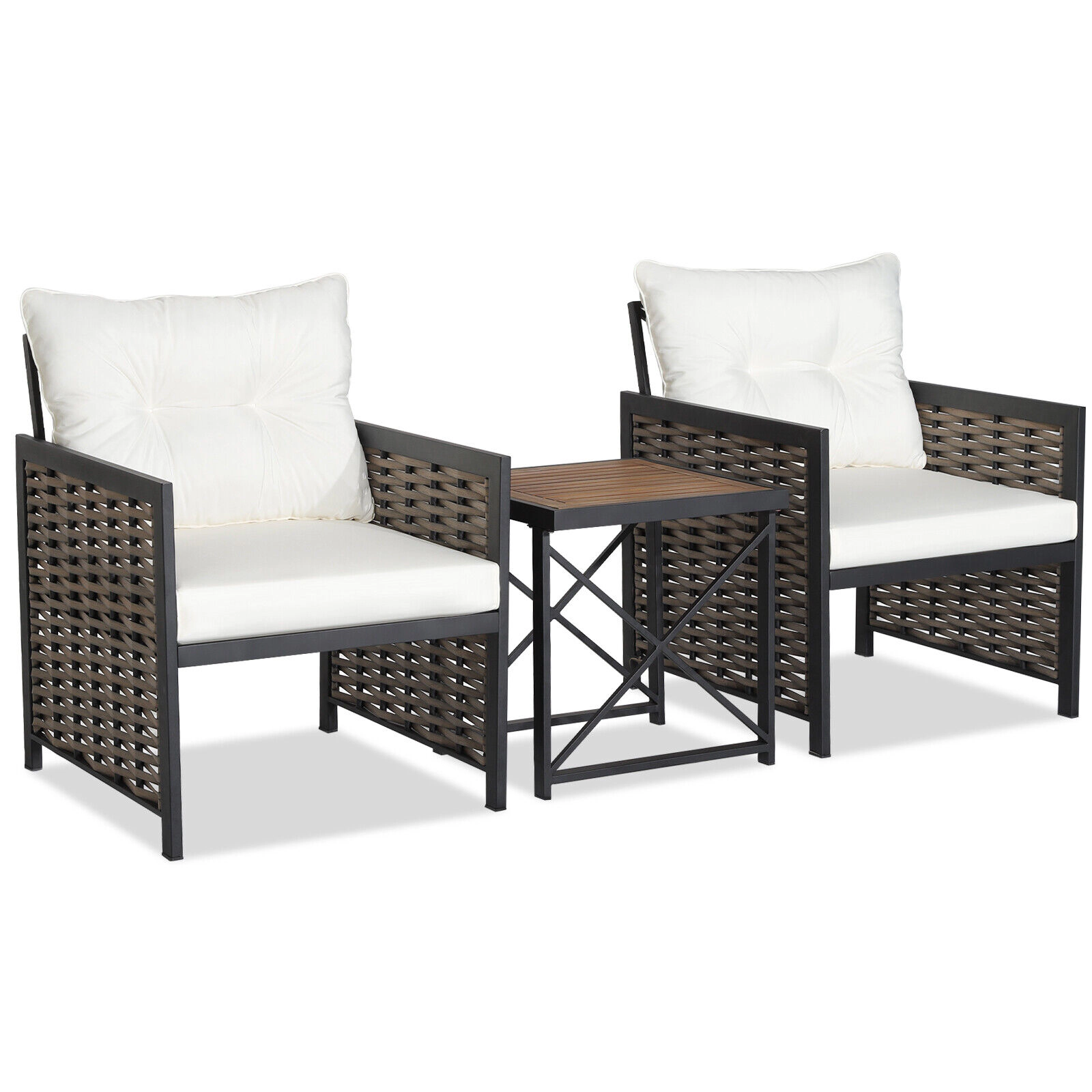 SUGIFT Acacia Wood Tabletop and Thick Back Cushions 3-Piece White Patio Rattan Set